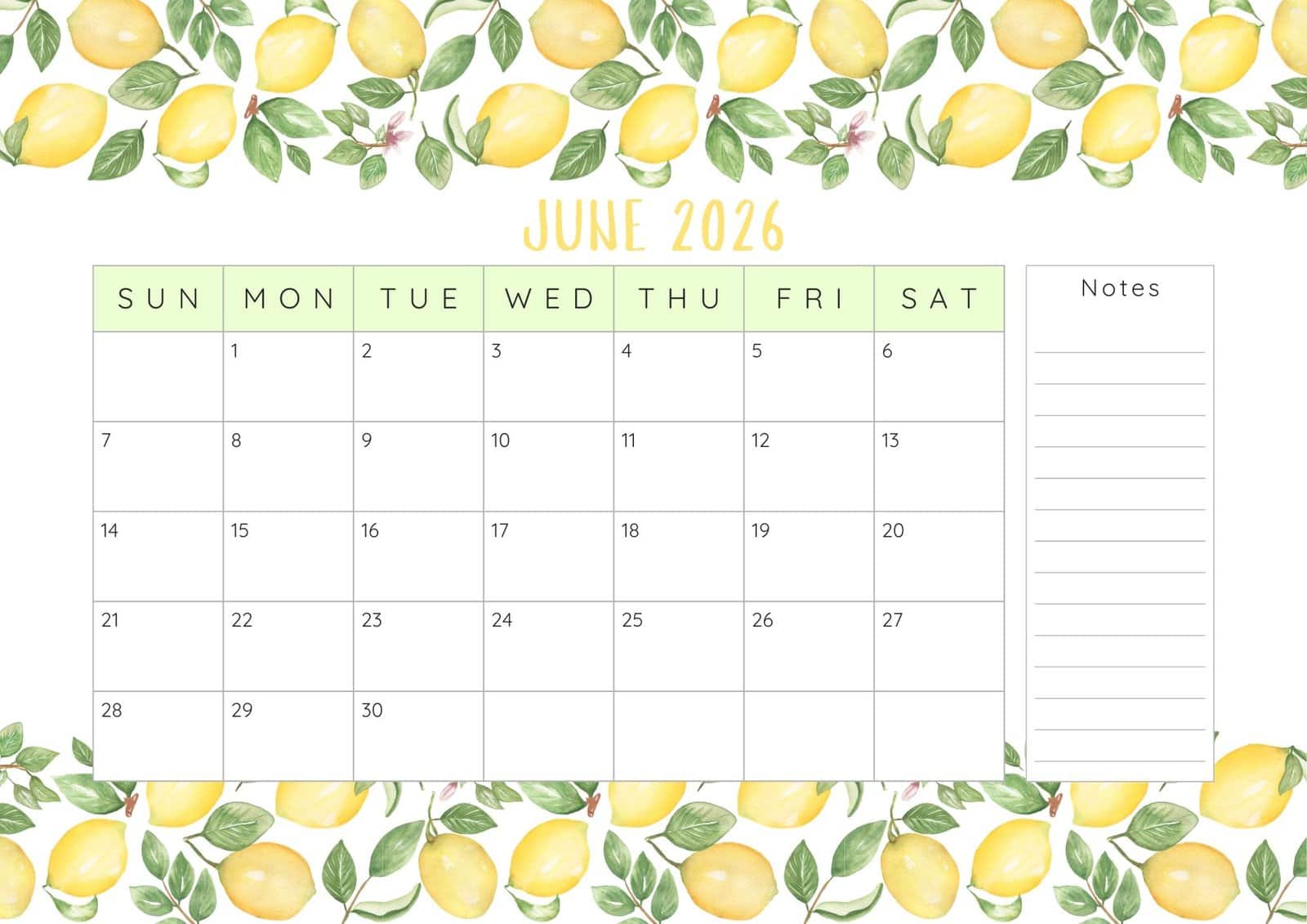 June 2026 calendar with top and bottom lemons border.