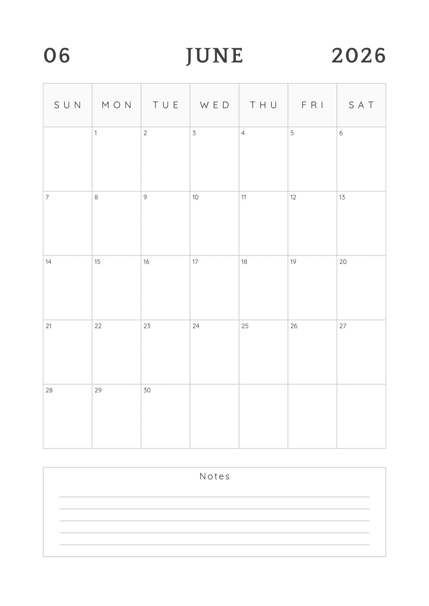 June 2026 calendar in black and white minimalist theme.