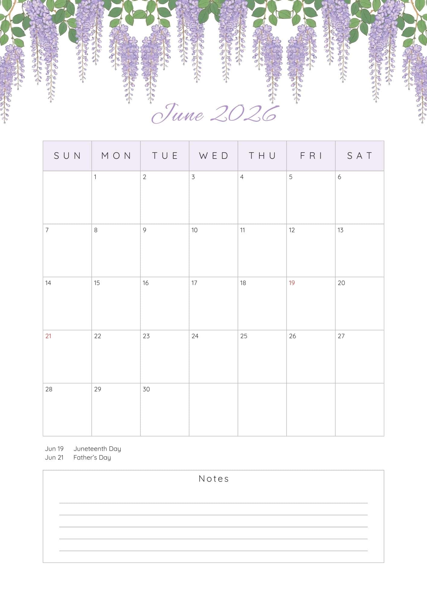 June 2026 printable calendar with purple floral top border.