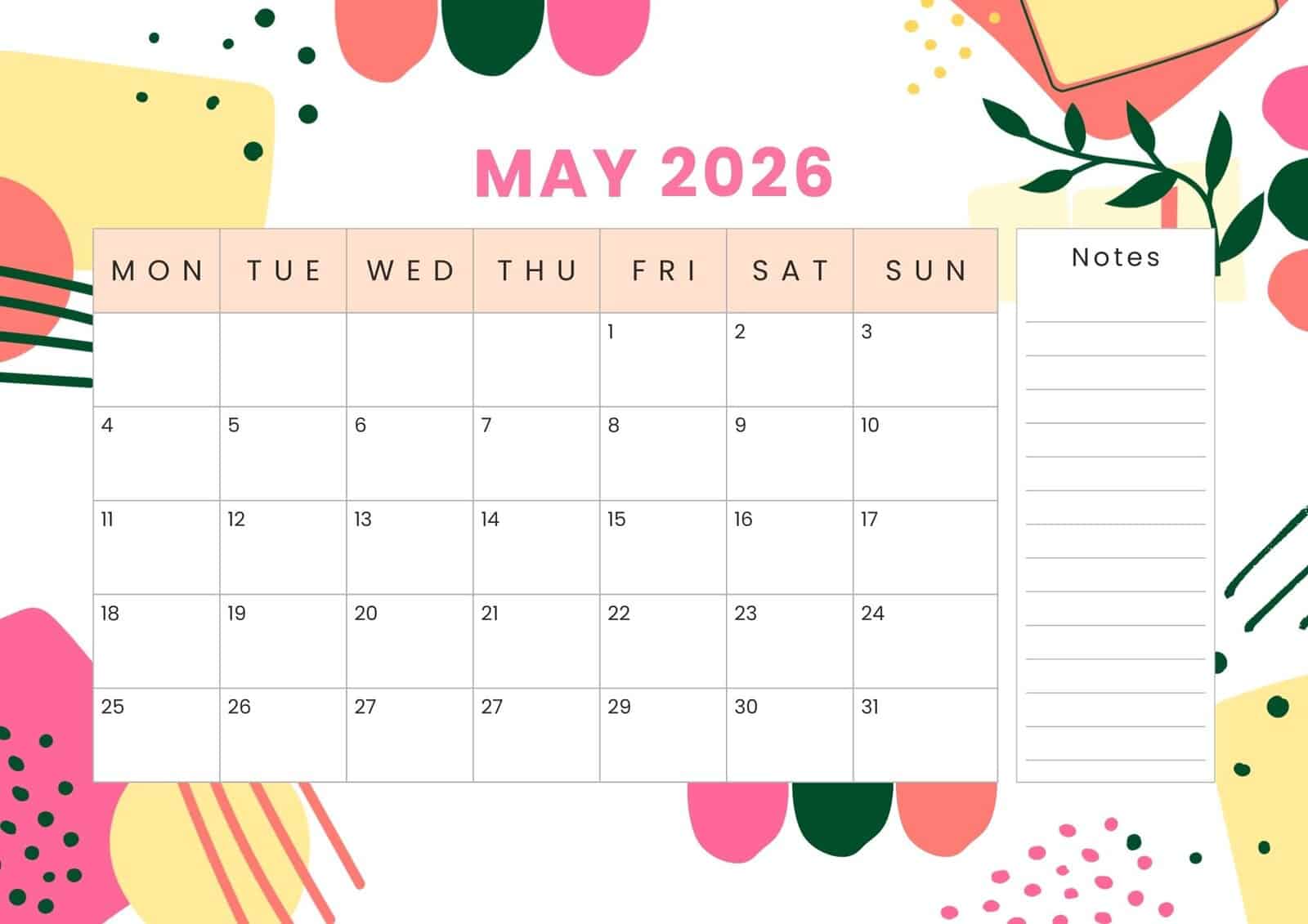 May 2026 printable calendar in bright pink, green and pastel yellow abstract design.