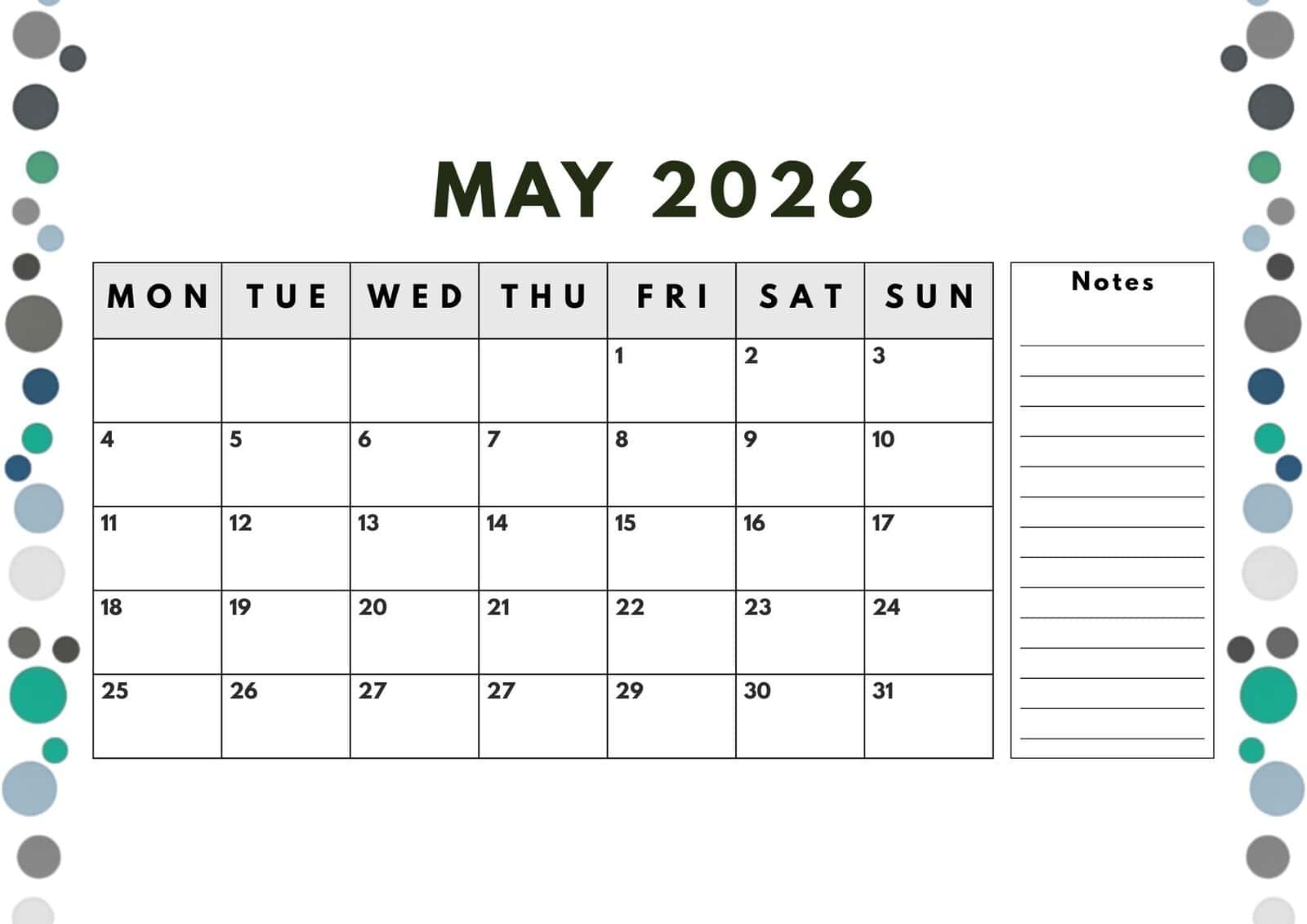 May 2026 printable calendar in turquoise and grey dots design.