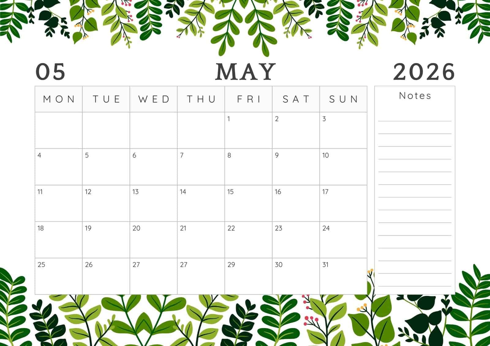 May 2026 printable calendar in green leaves theme.