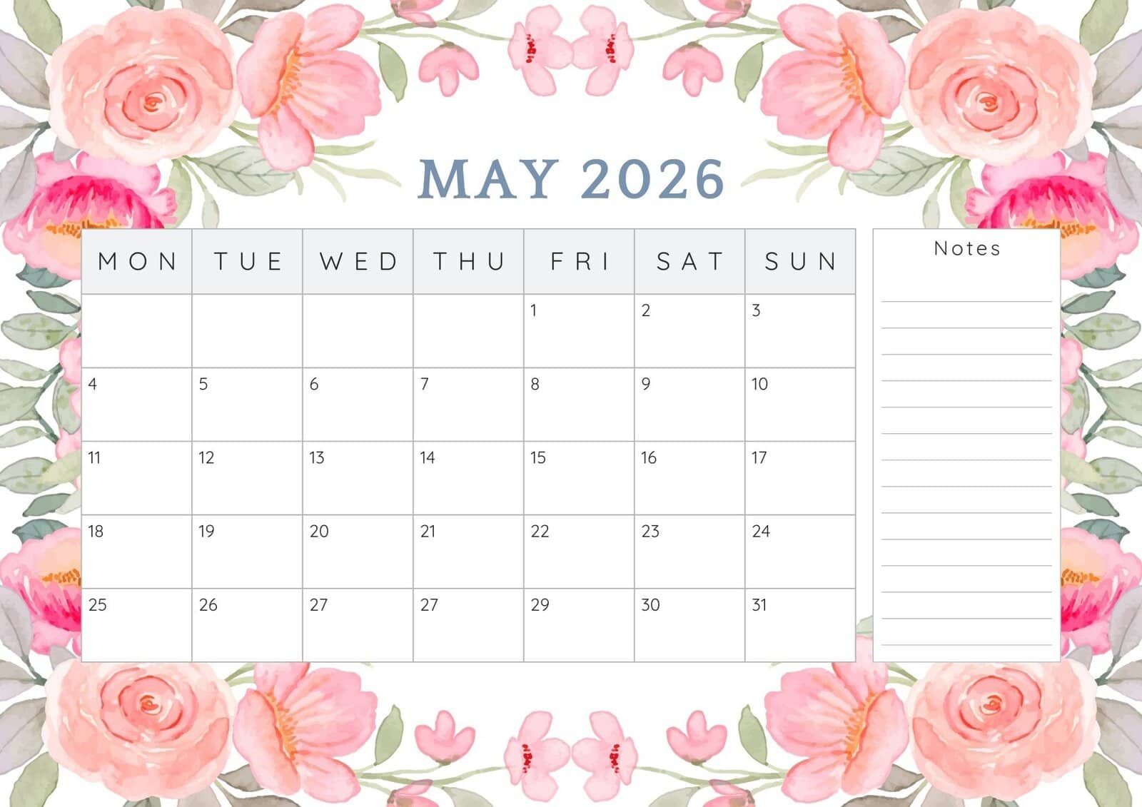 May 2026 printable calendar in pretty pink roses border.