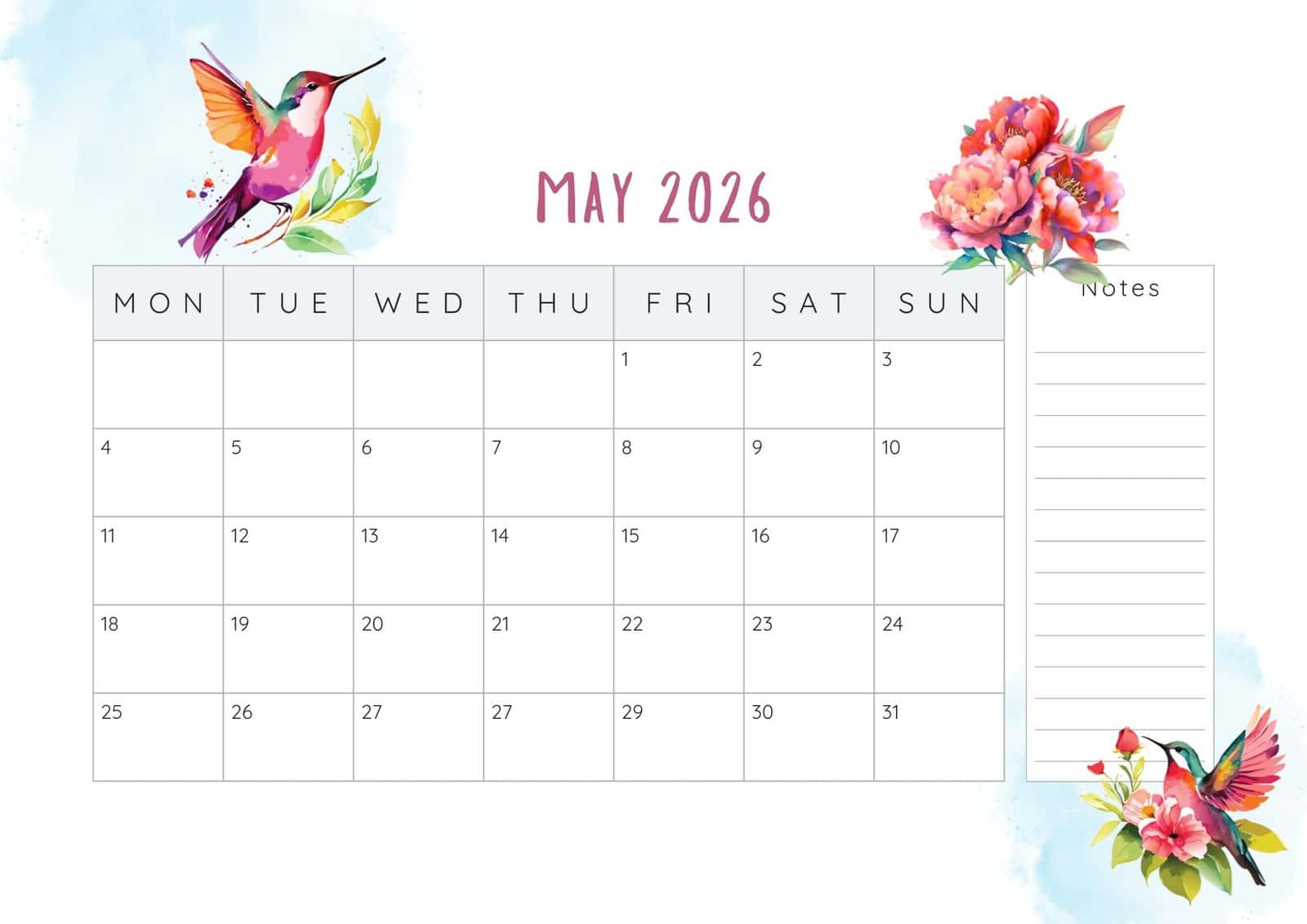 May 2026 printable calendar in colorful birds and flowers theme.