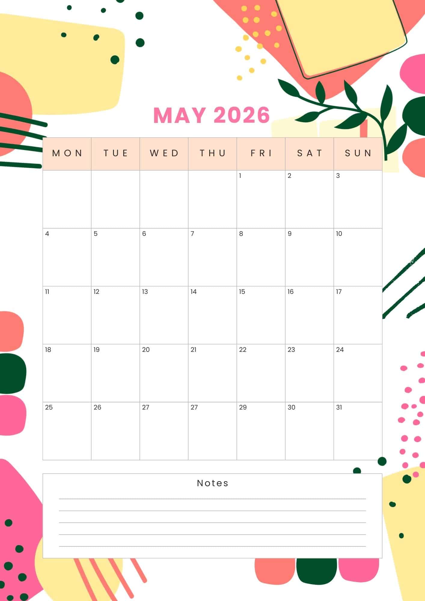 May 2026 printable calendar in bright pink, green and pastel yellow abstract design.