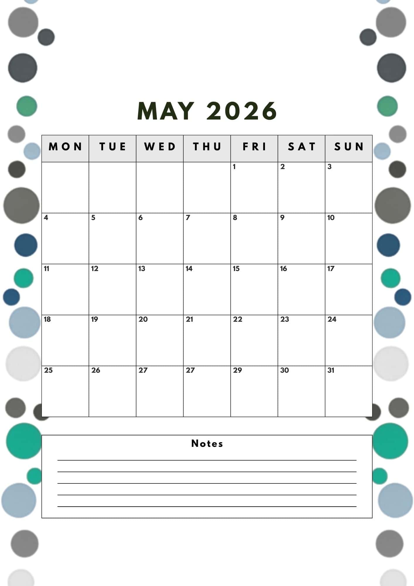 May 2026 printable calendar in turquoise and grey dots design.