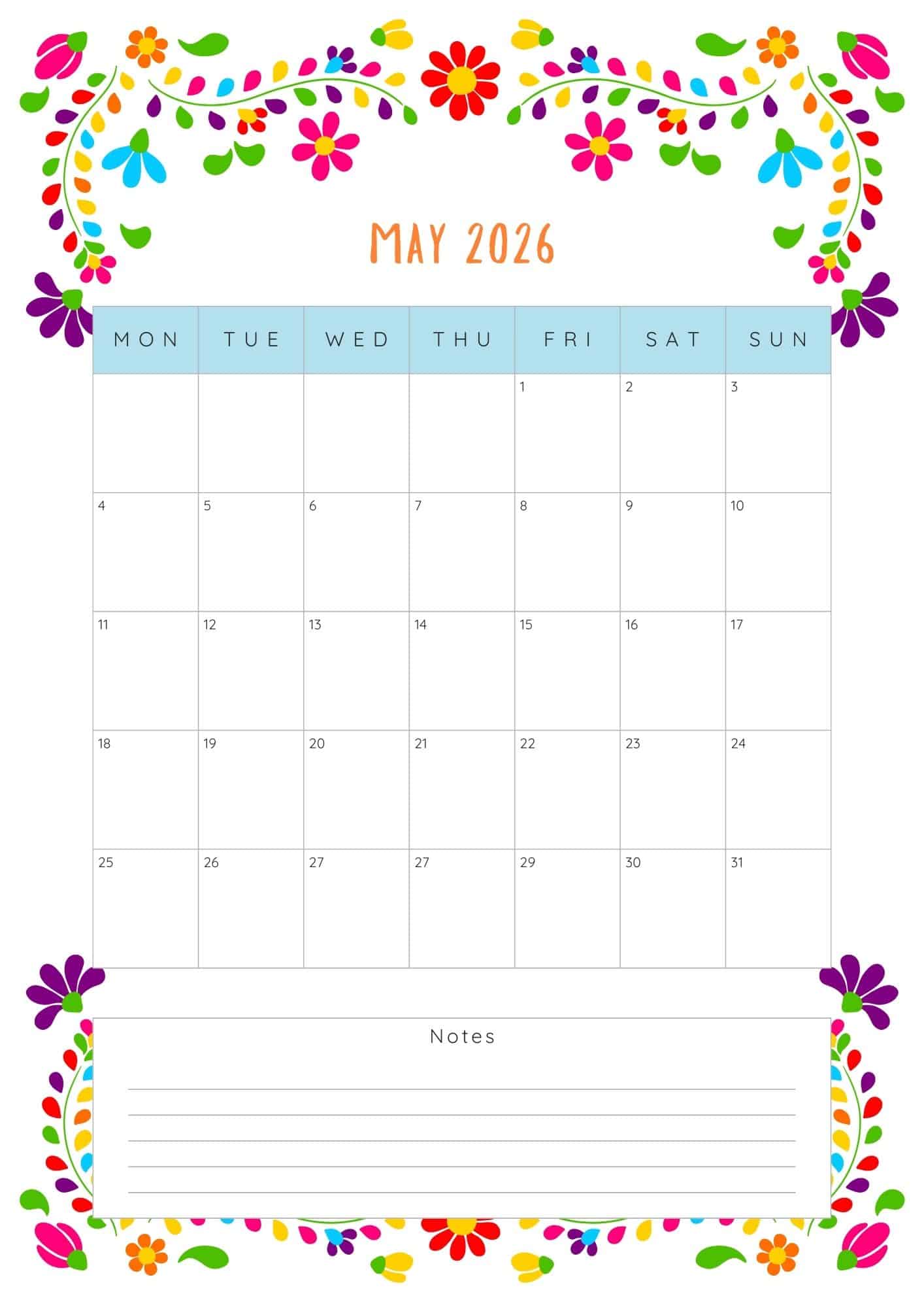 May 2026 printable calendar in Cinco de Mayo theme.