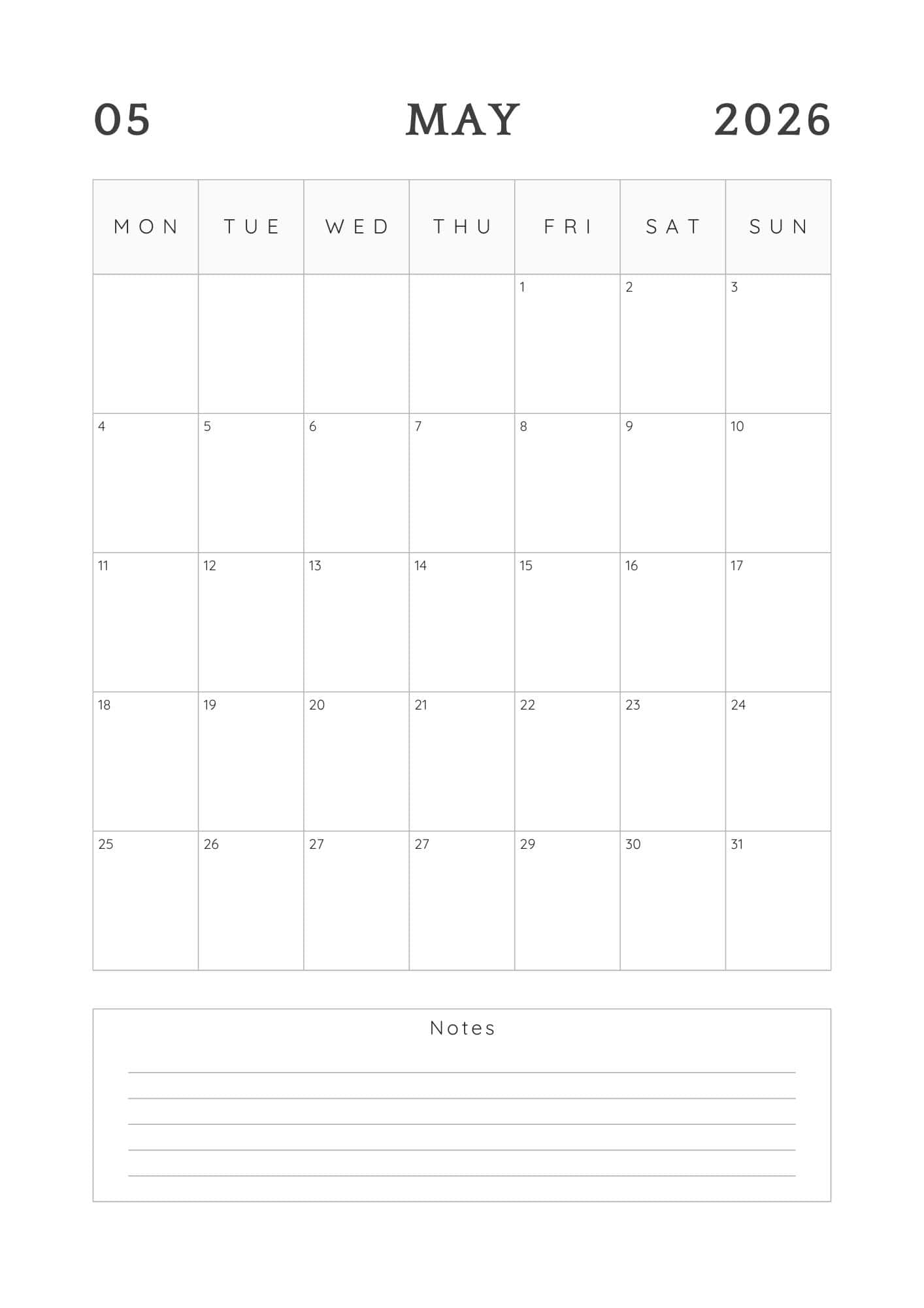 May 2026 printable calendar in black and white minimalist theme.