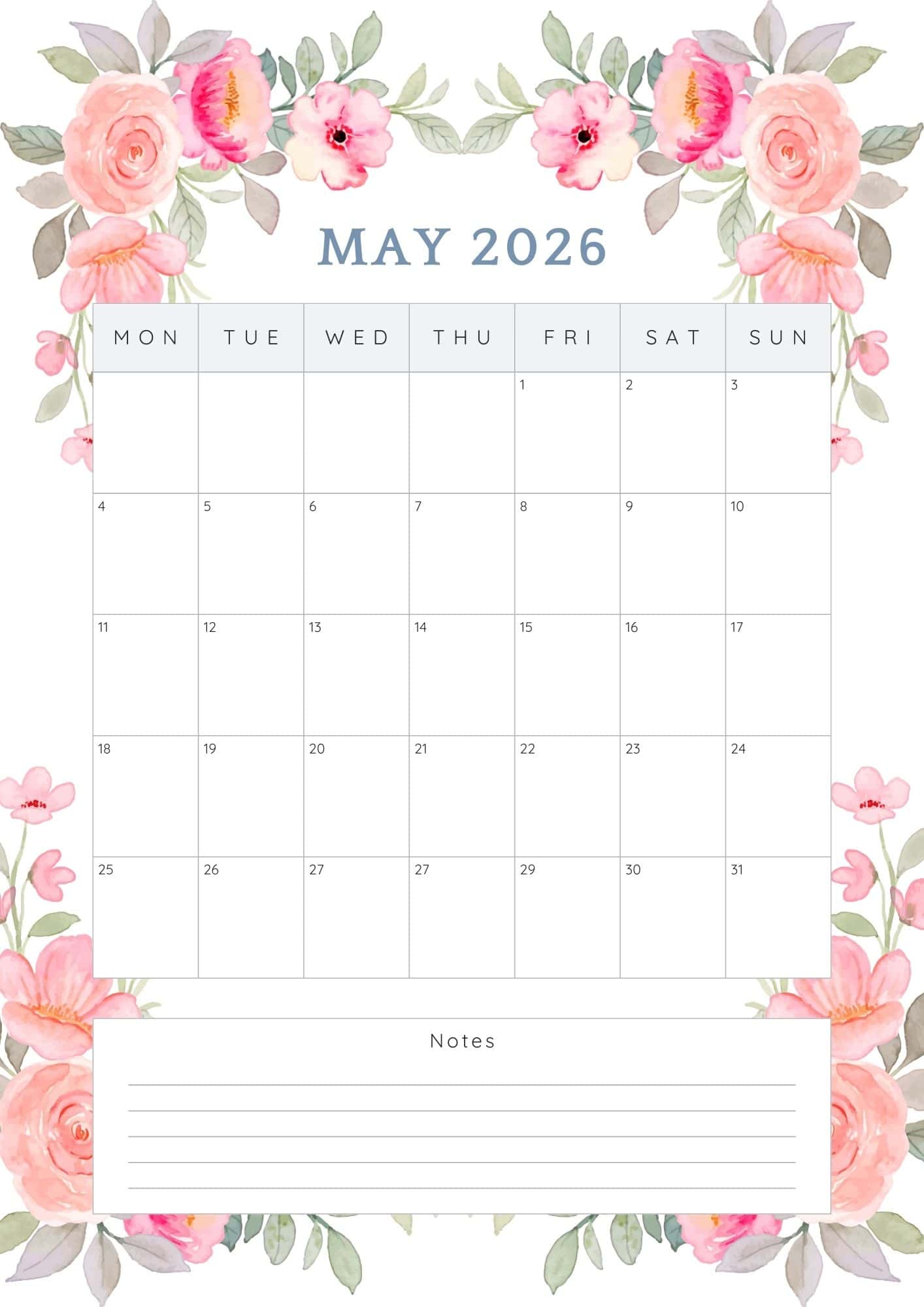 May 2026 printable calendar in pretty pink roses border.