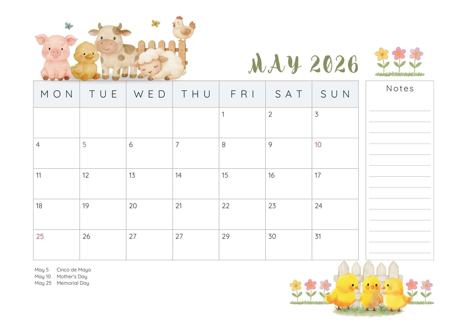 May 2026 printable calendar in farm animals theme.