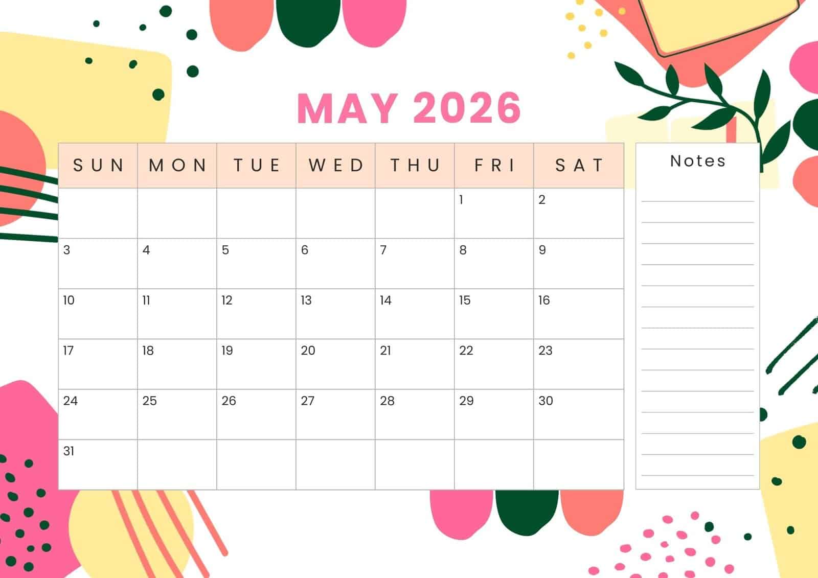 May 2026 printable calendar in bright pink, green and pastel yellow abstract design.