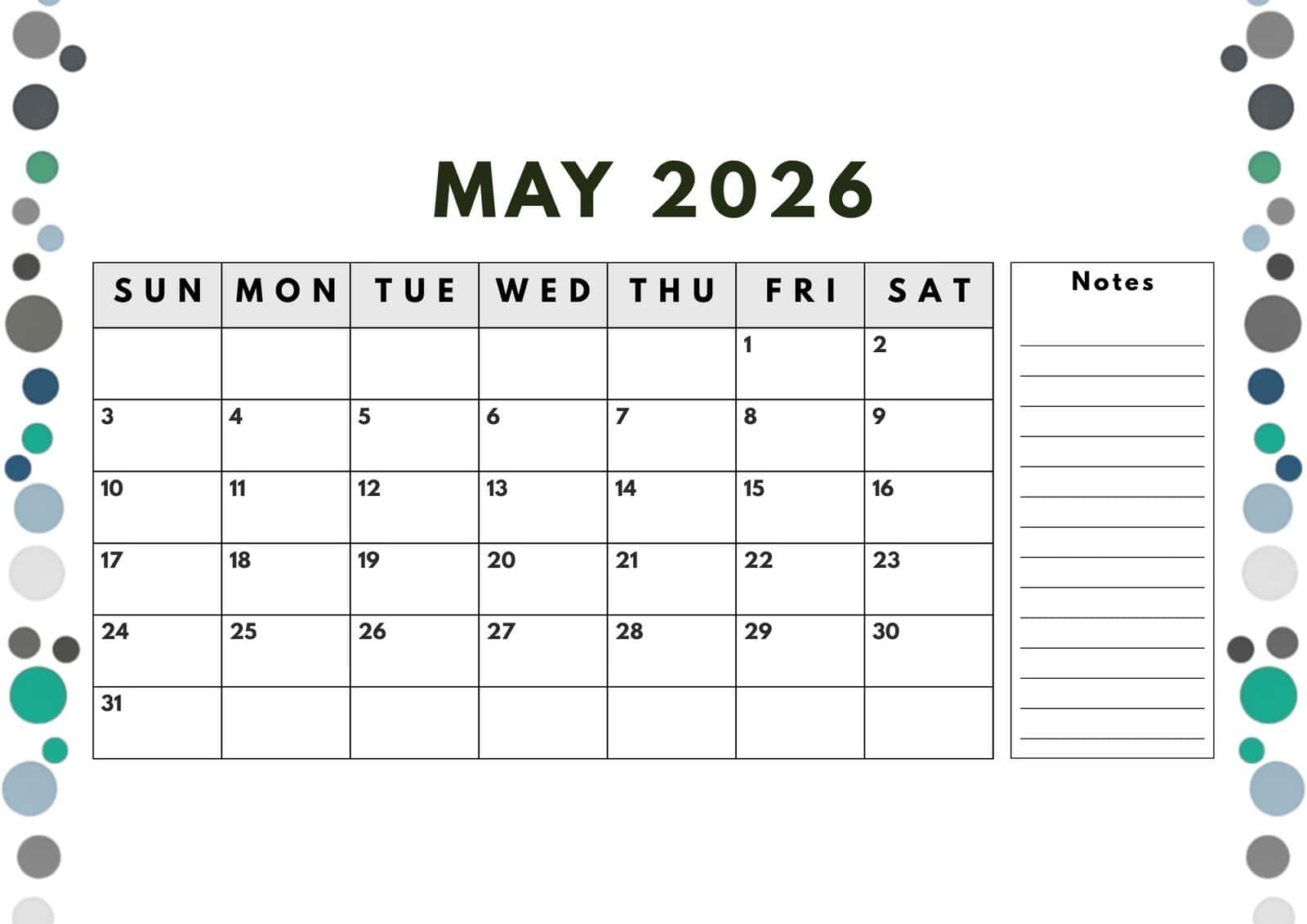 May 2026 printable calendar in turquoise and grey dots design.