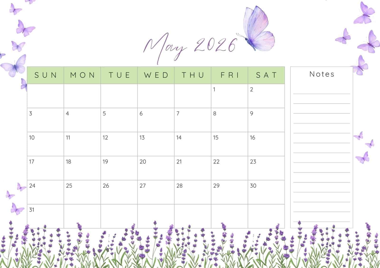 May 2026 printable calendar in purple butterflies and flowers theme.