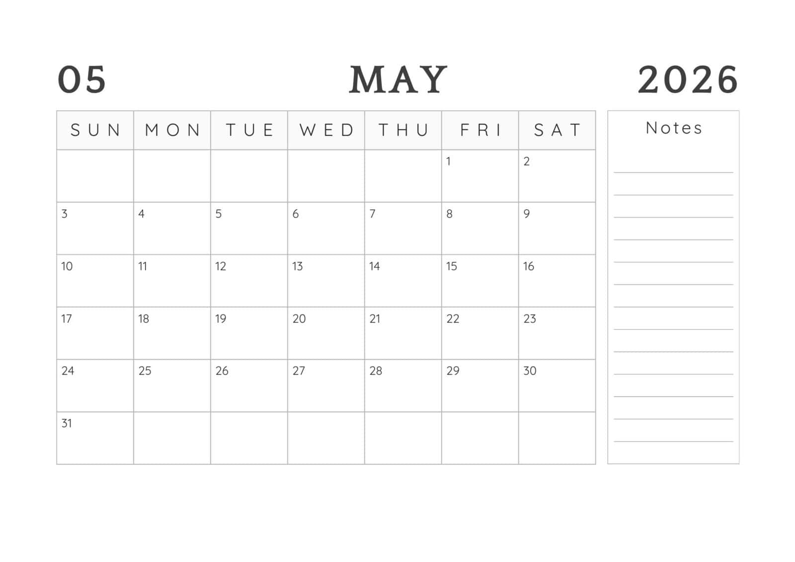May 2026 printable calendar in black and white minimalist theme.