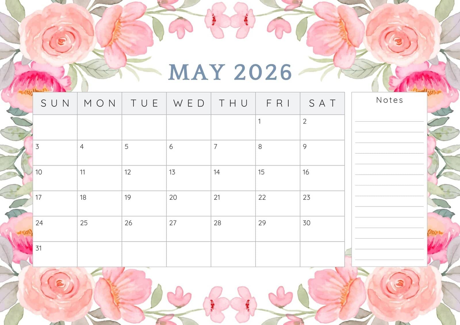 May 2026 printable calendar in pretty pink roses border.