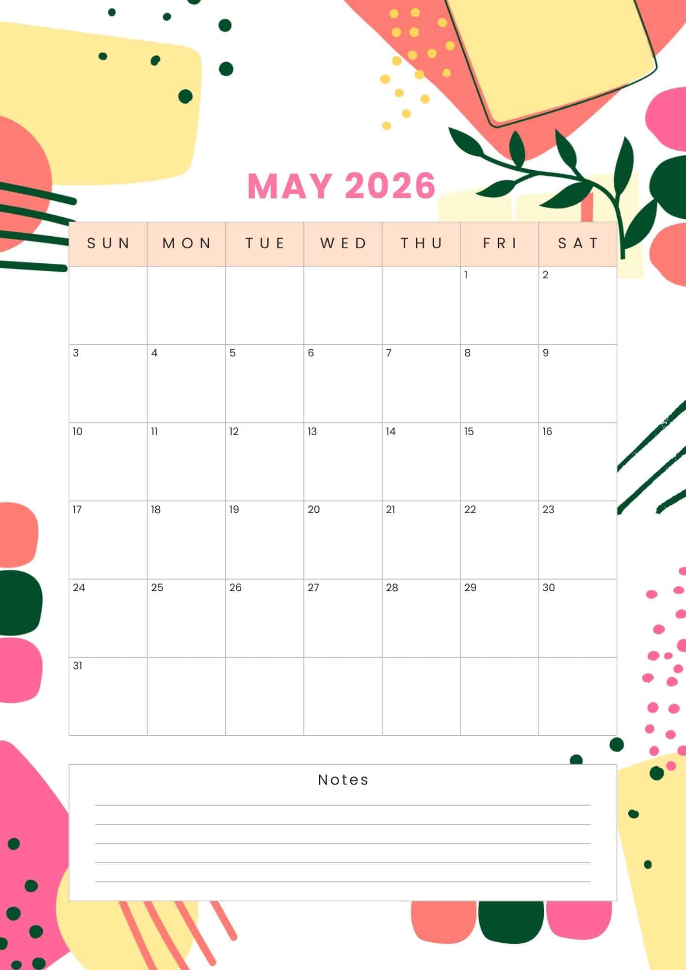 May 2026 printable calendar in bright pink, green and pastel yellow abstract design.