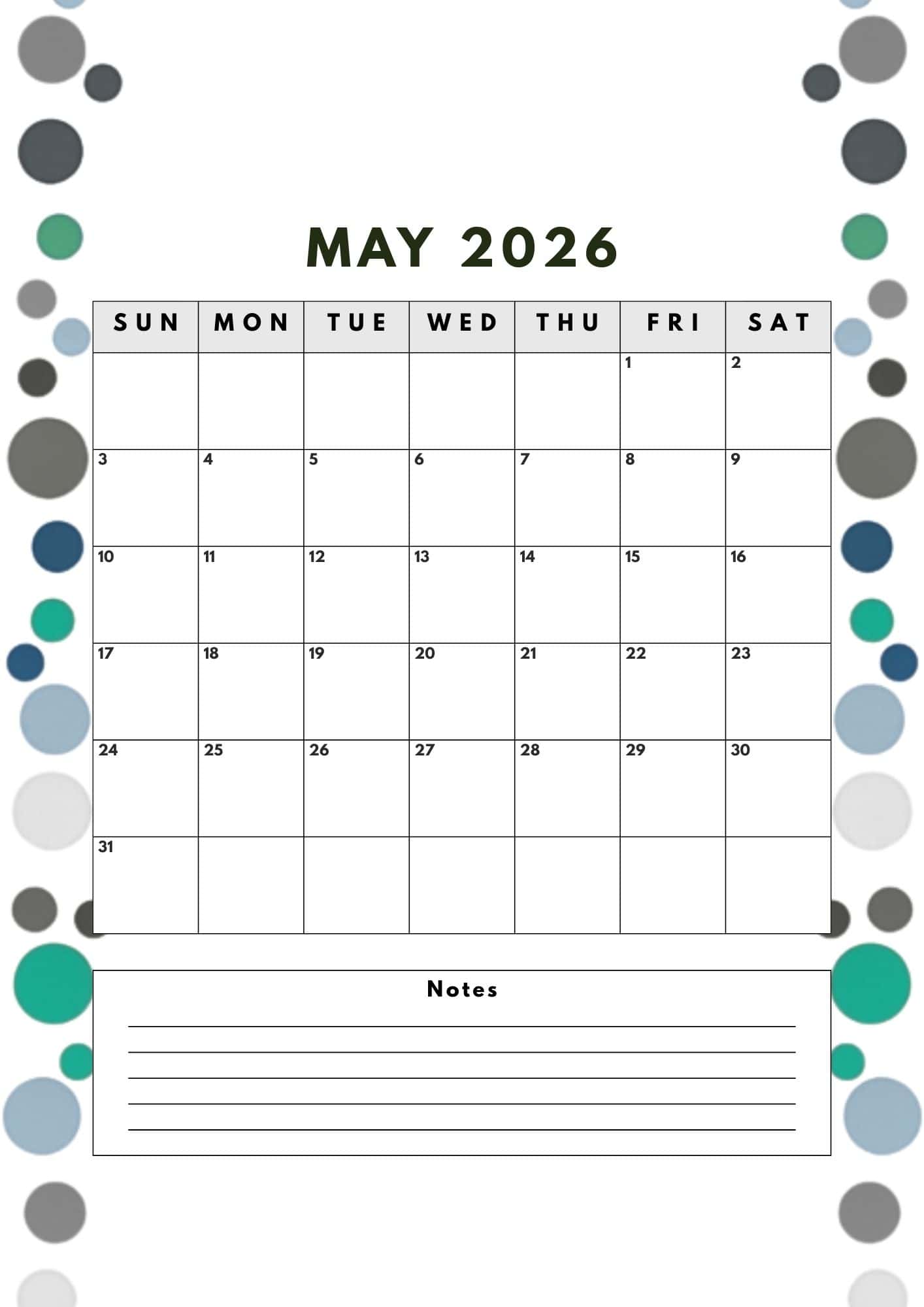 May 2026 printable calendar in turquoise and grey dots design.
