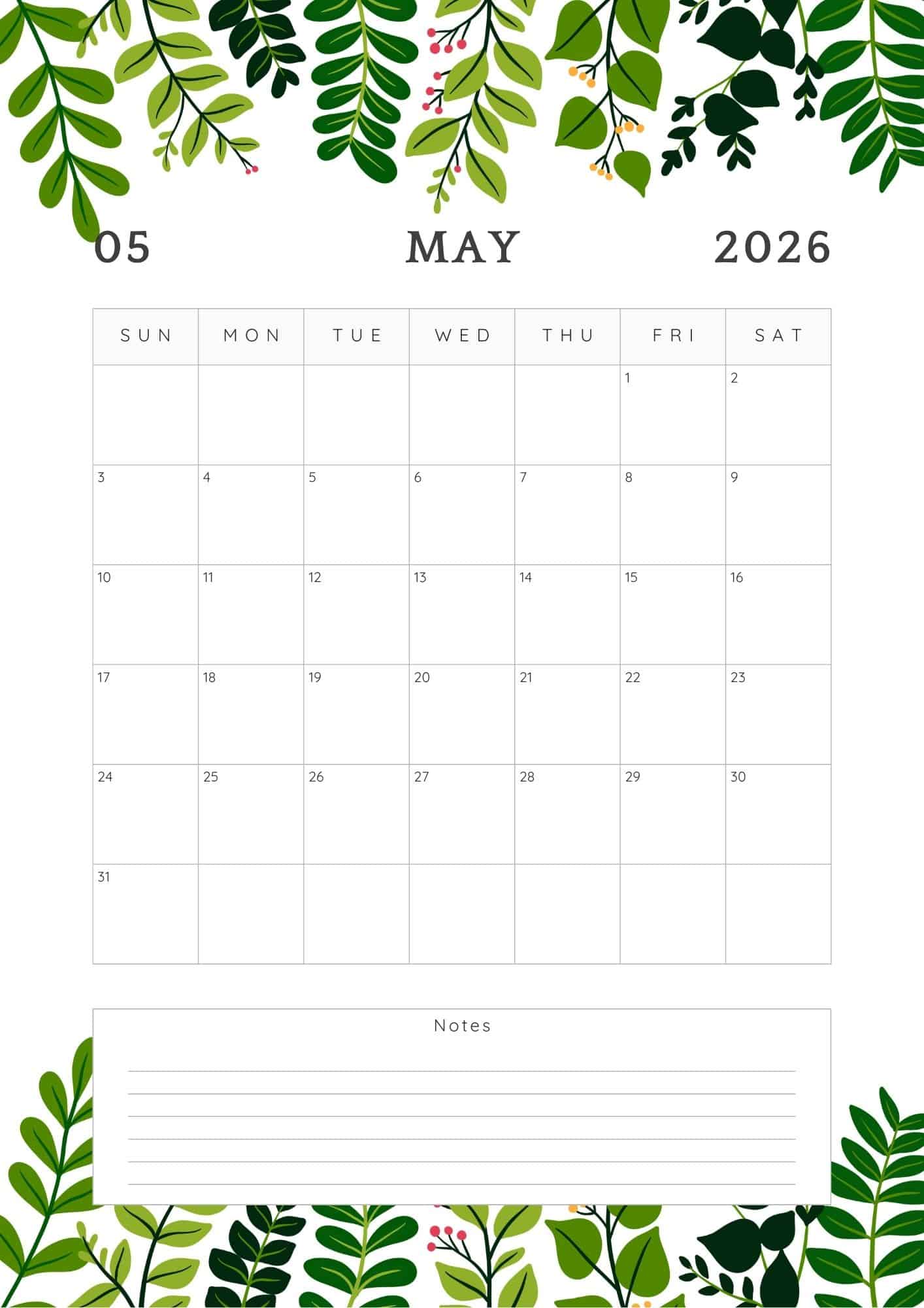 May 2026 printable calendar in green leaves theme.