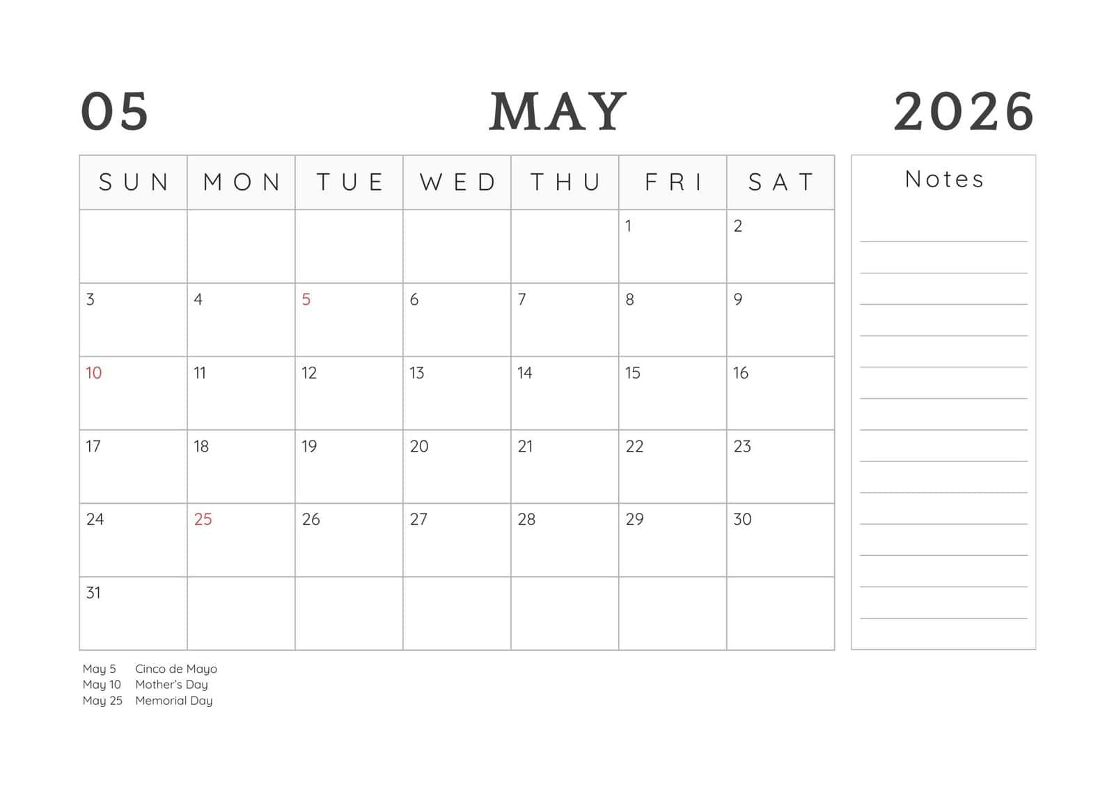 May 2026 printable calendar in black and white minimalist theme.
