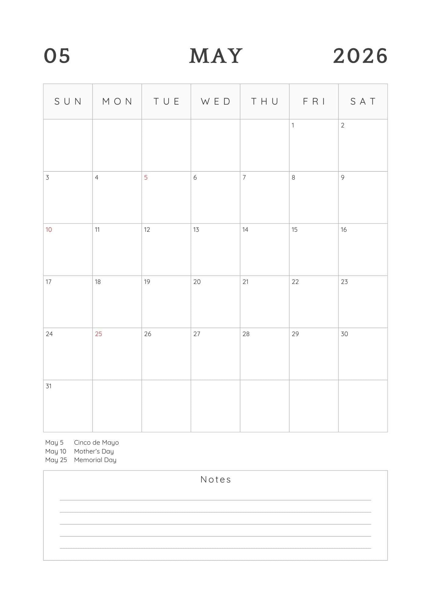 May 2026 printable calendar in black and white minimalist theme.