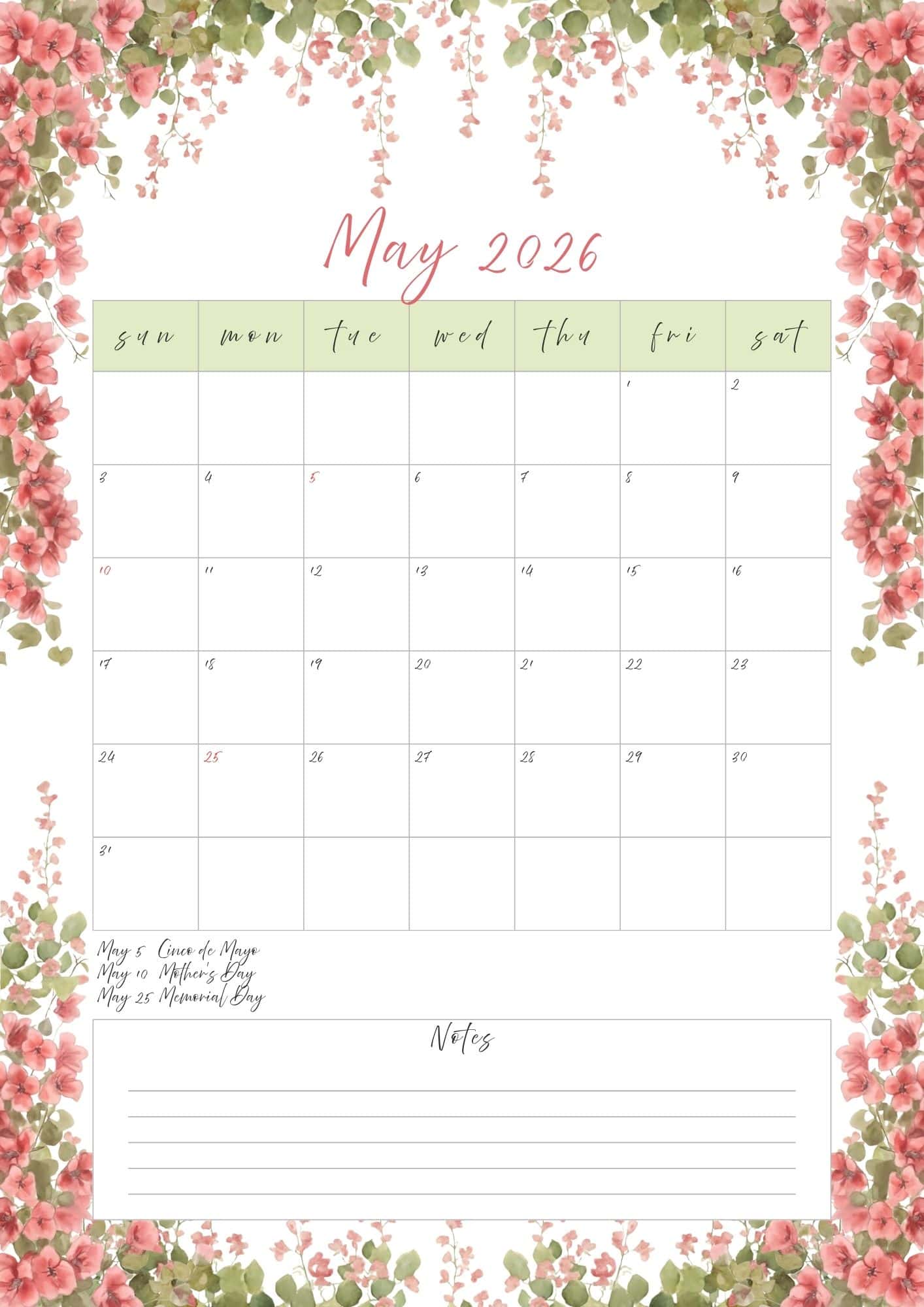 May 2026 printable calendar in pretty pink floral vines. border.