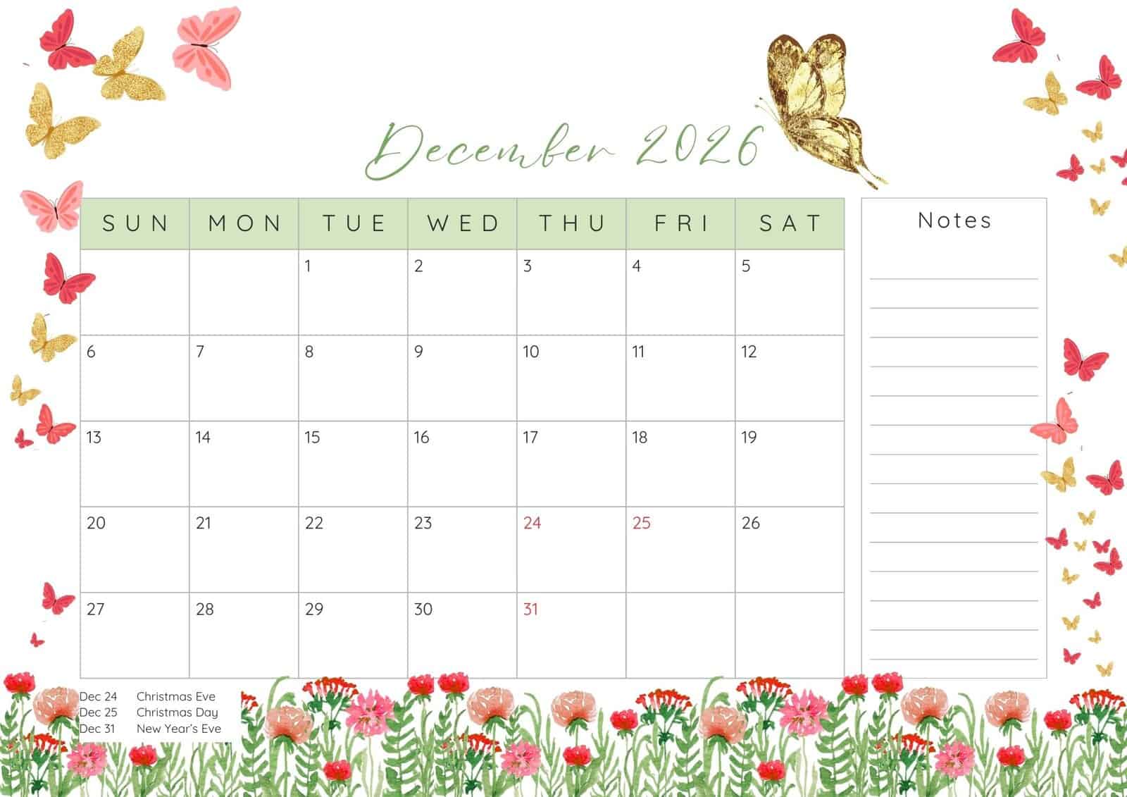 Butterflies December 2026 calendar printable.