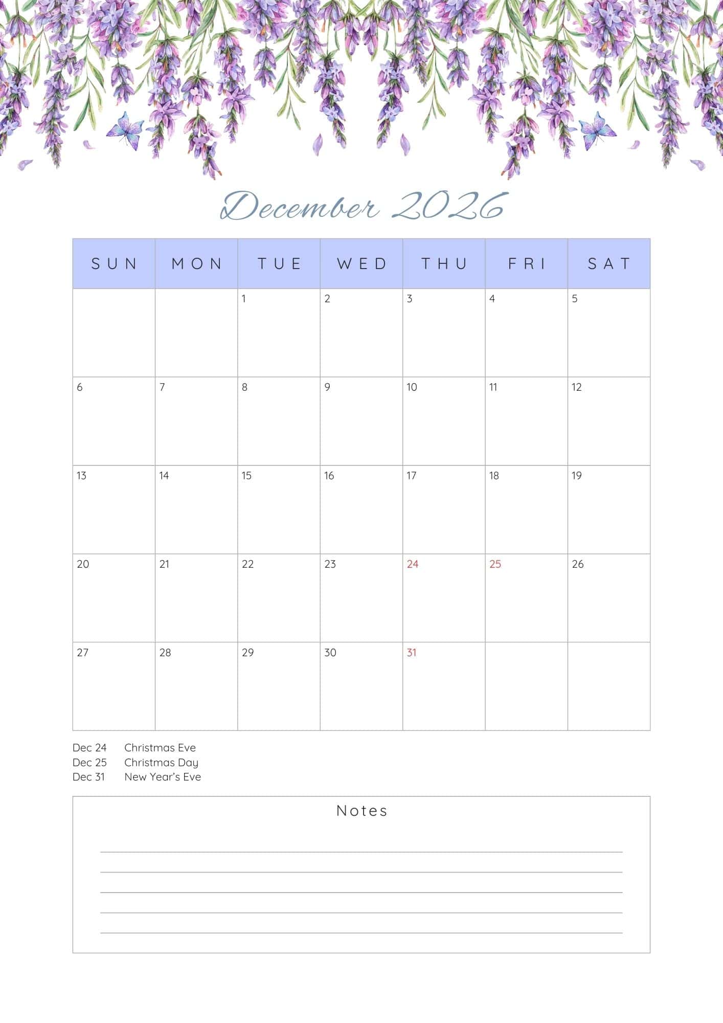 Purple floral December 2026 calendar printable.