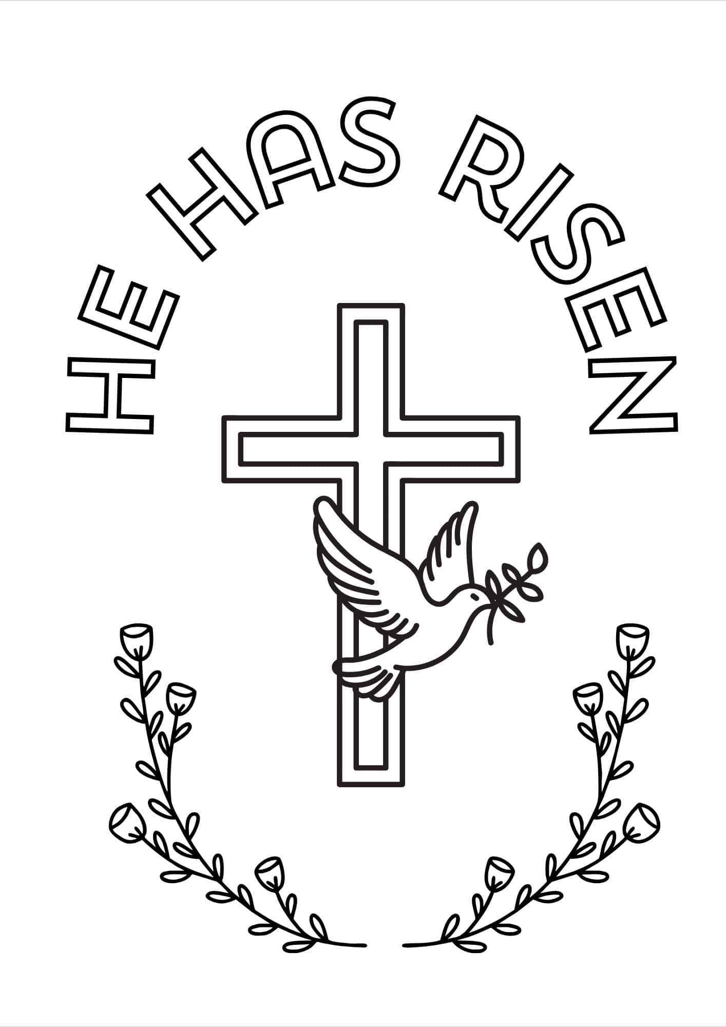 He has risen coloring Easter card with cross and dove images.