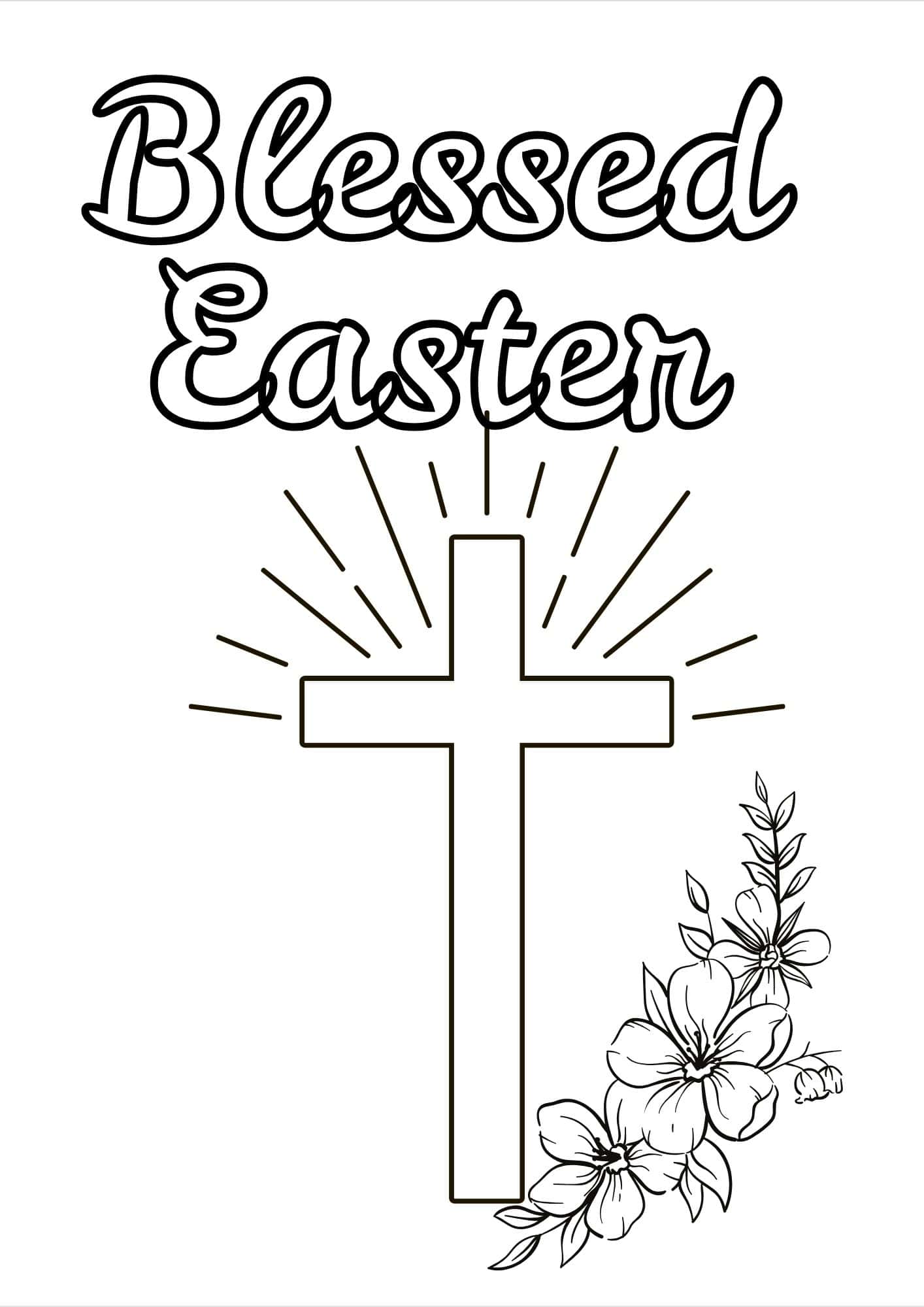Blessed Easter wordings, a Cross and flowers in outline.