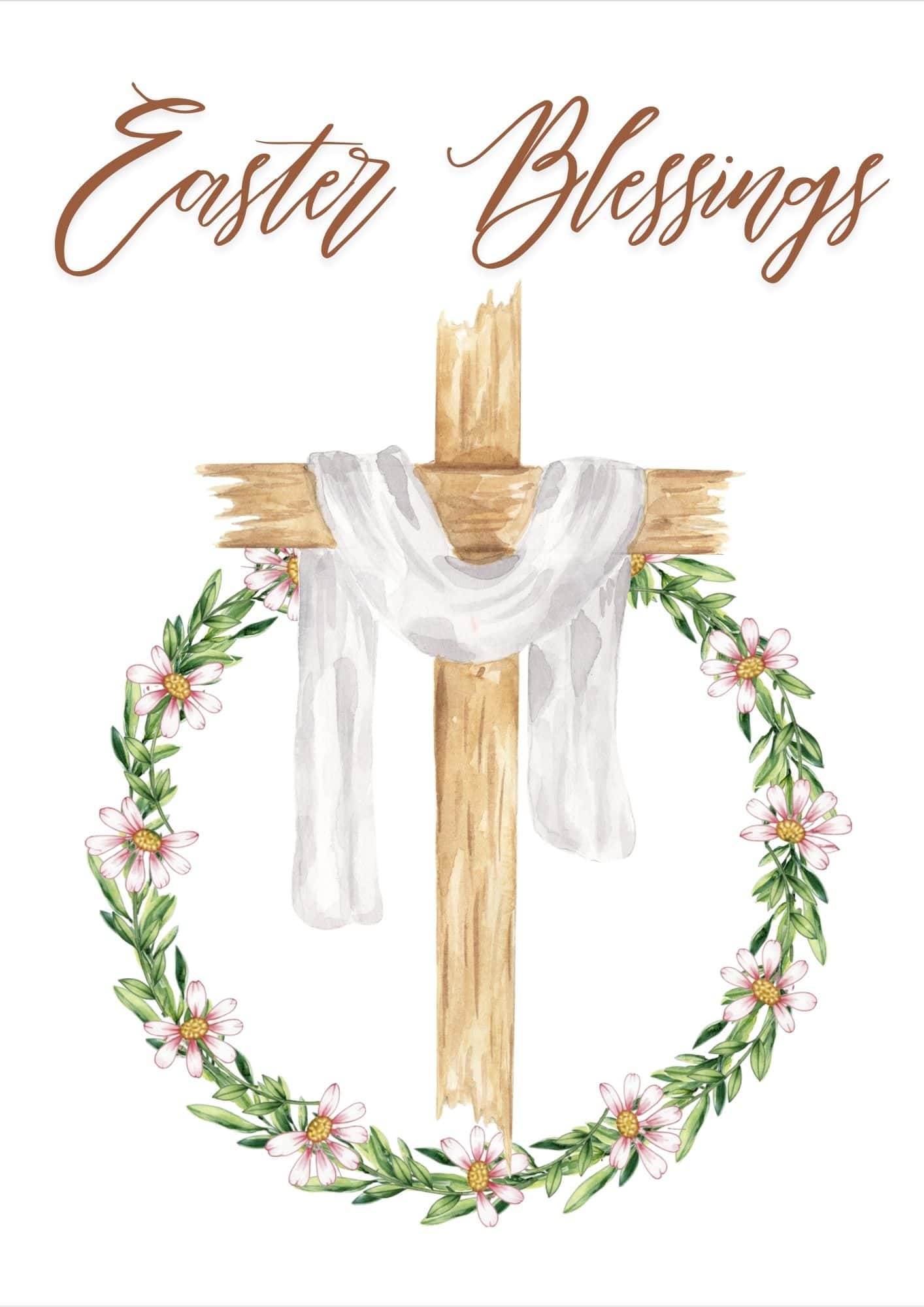 Religious printable Easter card with a cross and white cloth on it against a green and pink wreath.