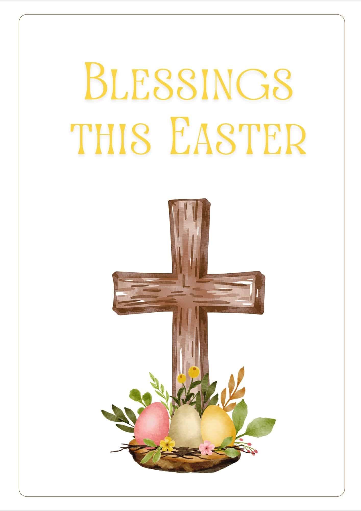 Easter card with a brown cross and Easter eggs at the botttom.