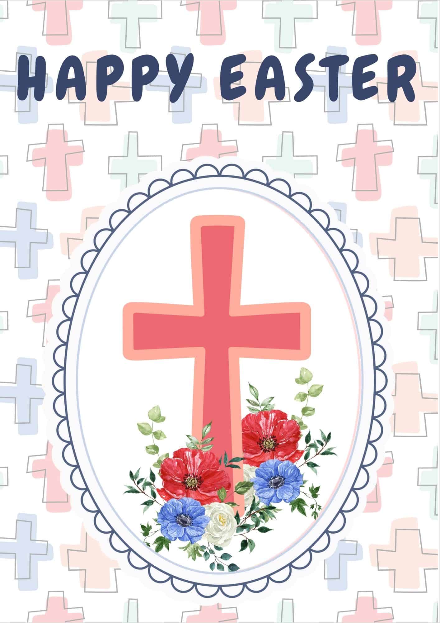 Easter card with a cross symbol and flowers in red and blue.