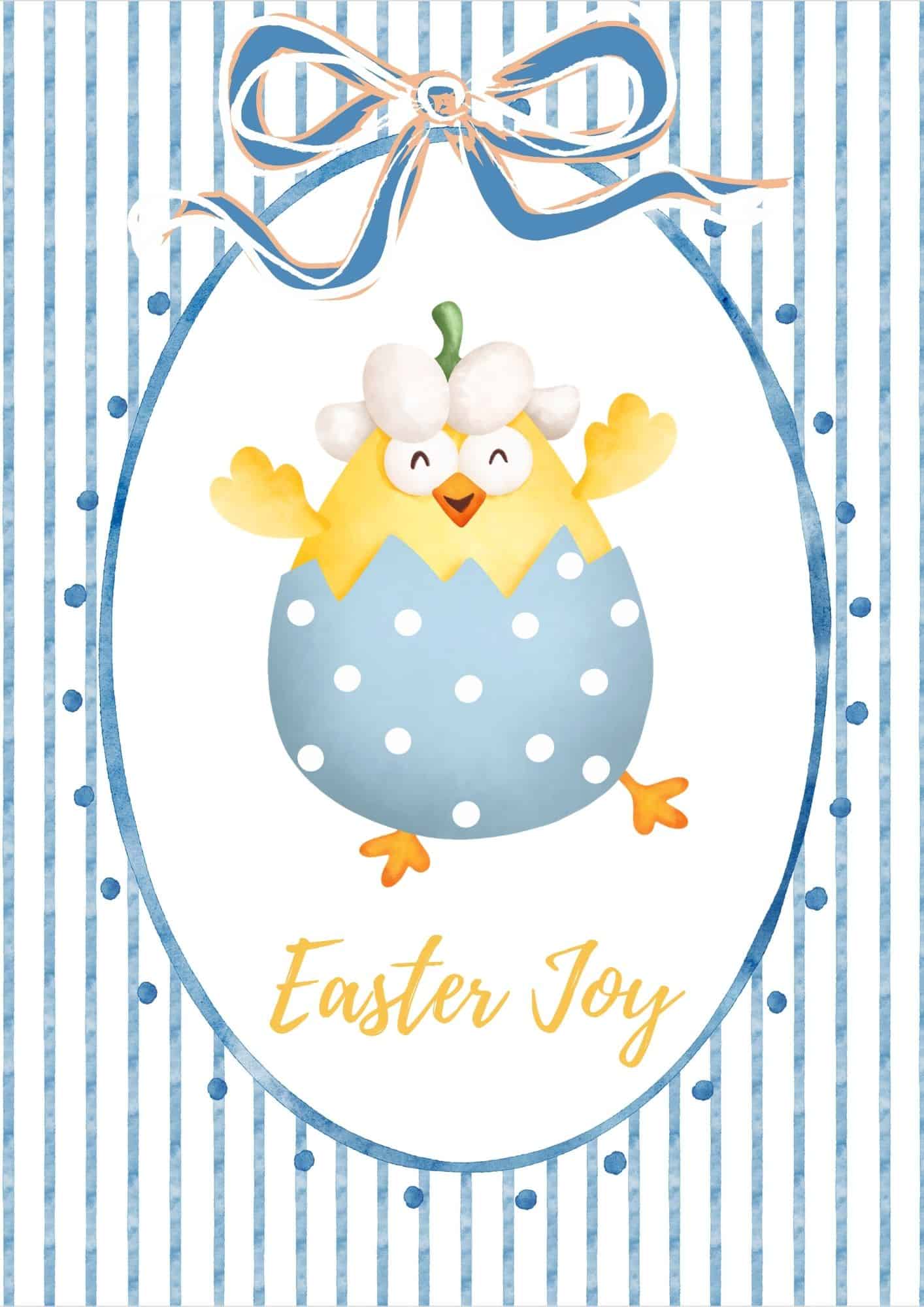 Easter chick breaking out of an egg in an oval frame with a large blue bow.