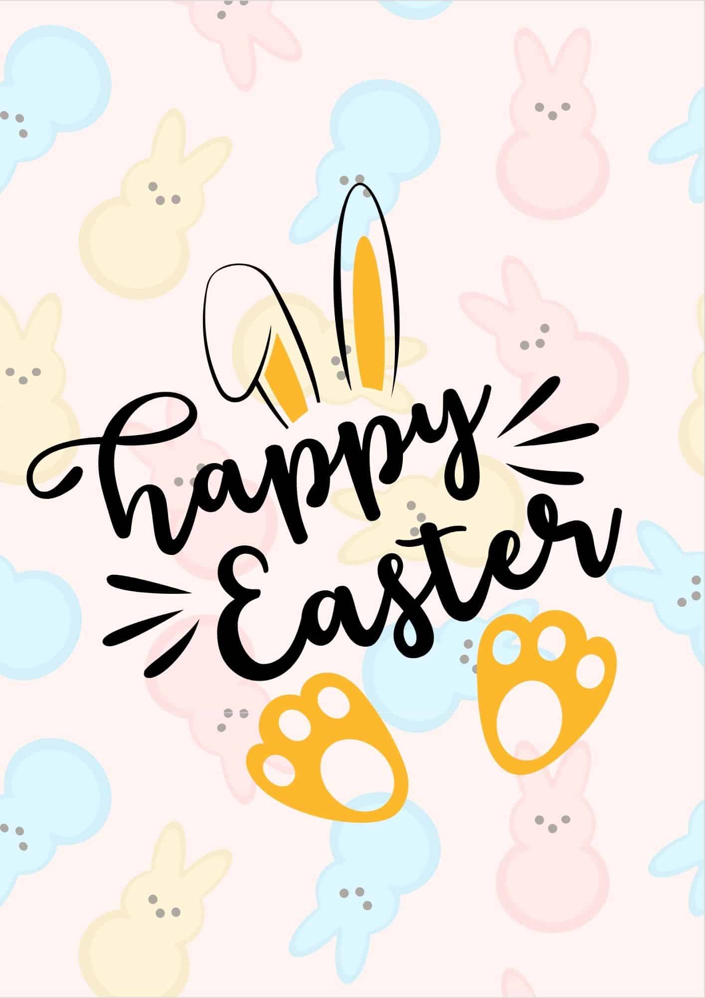 Happy Easter card with bunny images in yellow, blue and pink.