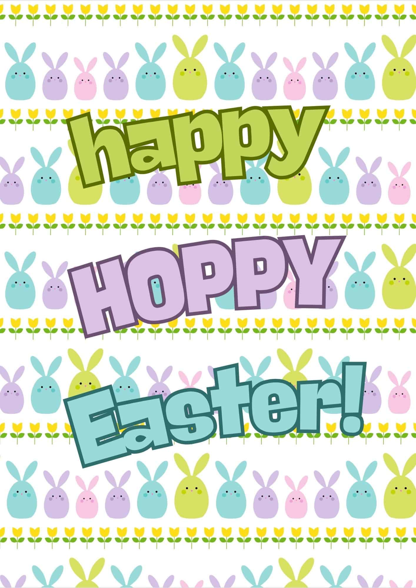 Easter card printable with rows of bunnies and happy hoppy Easter message.