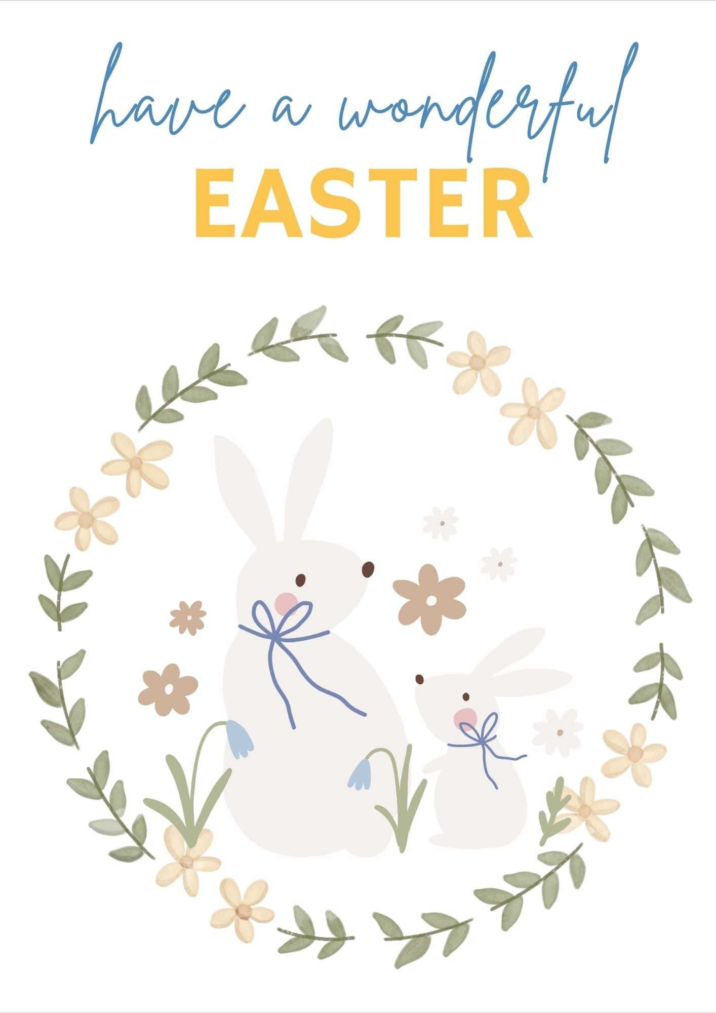 Easter card with images of 2 bunnies in a wreath.