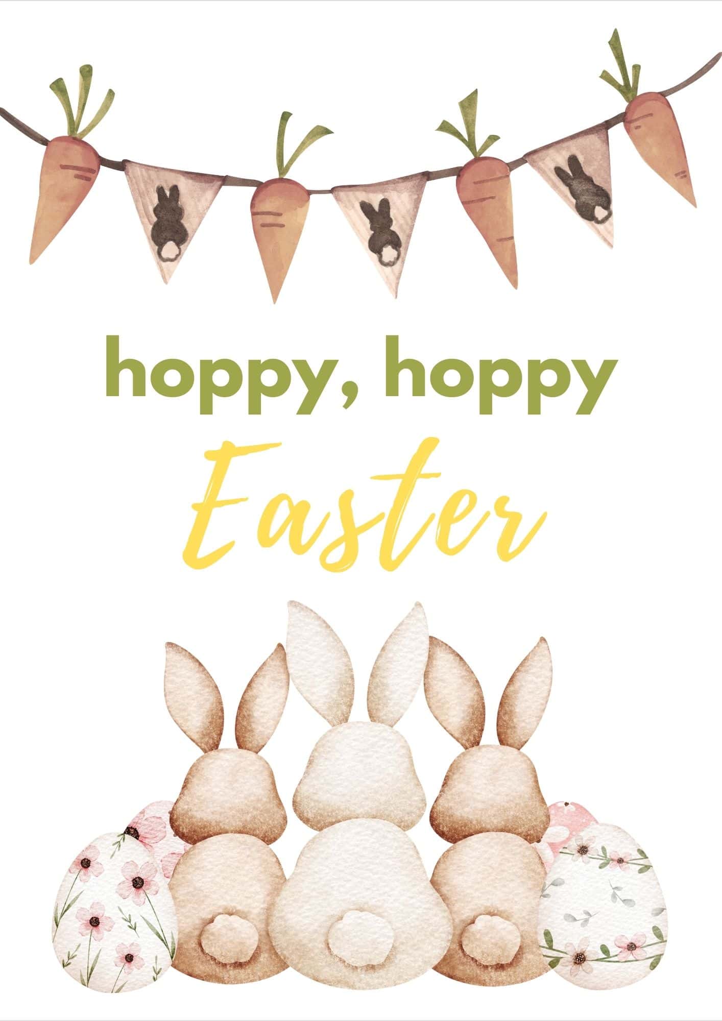 3 bunnies with Easter eggs with their backs facing front.