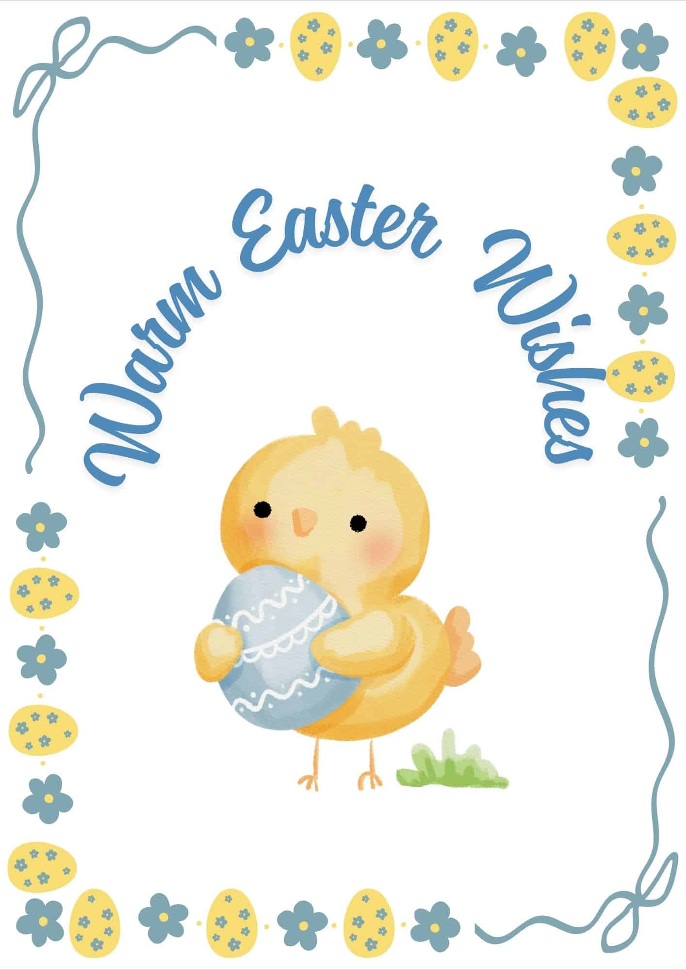 A yellow chick holding a blue egg.