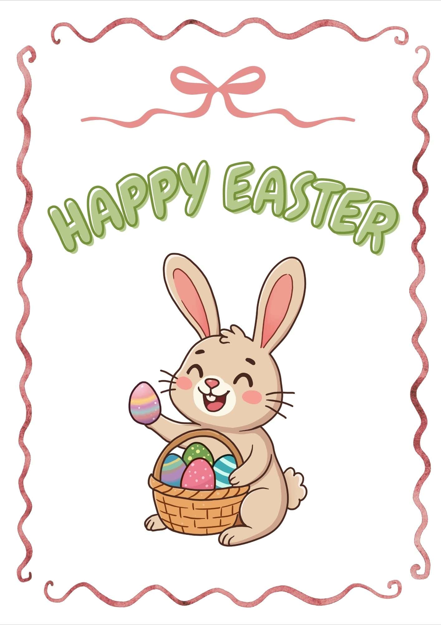 A happy bunny holding an Easter egg and having a basket of eggs at the front.