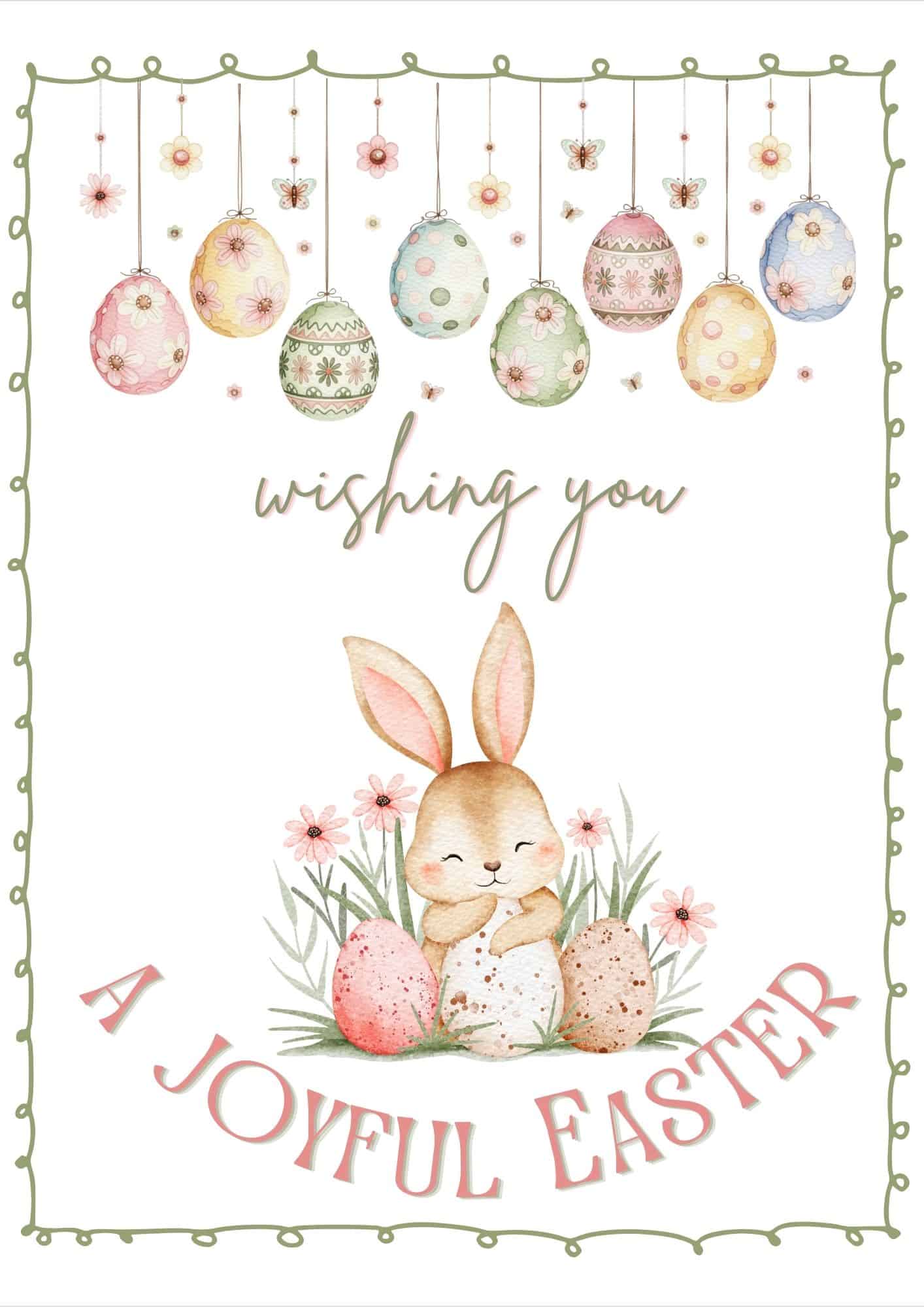 Easter bunny holding Easter eggs with a row of Easter eggs bunting at the top.