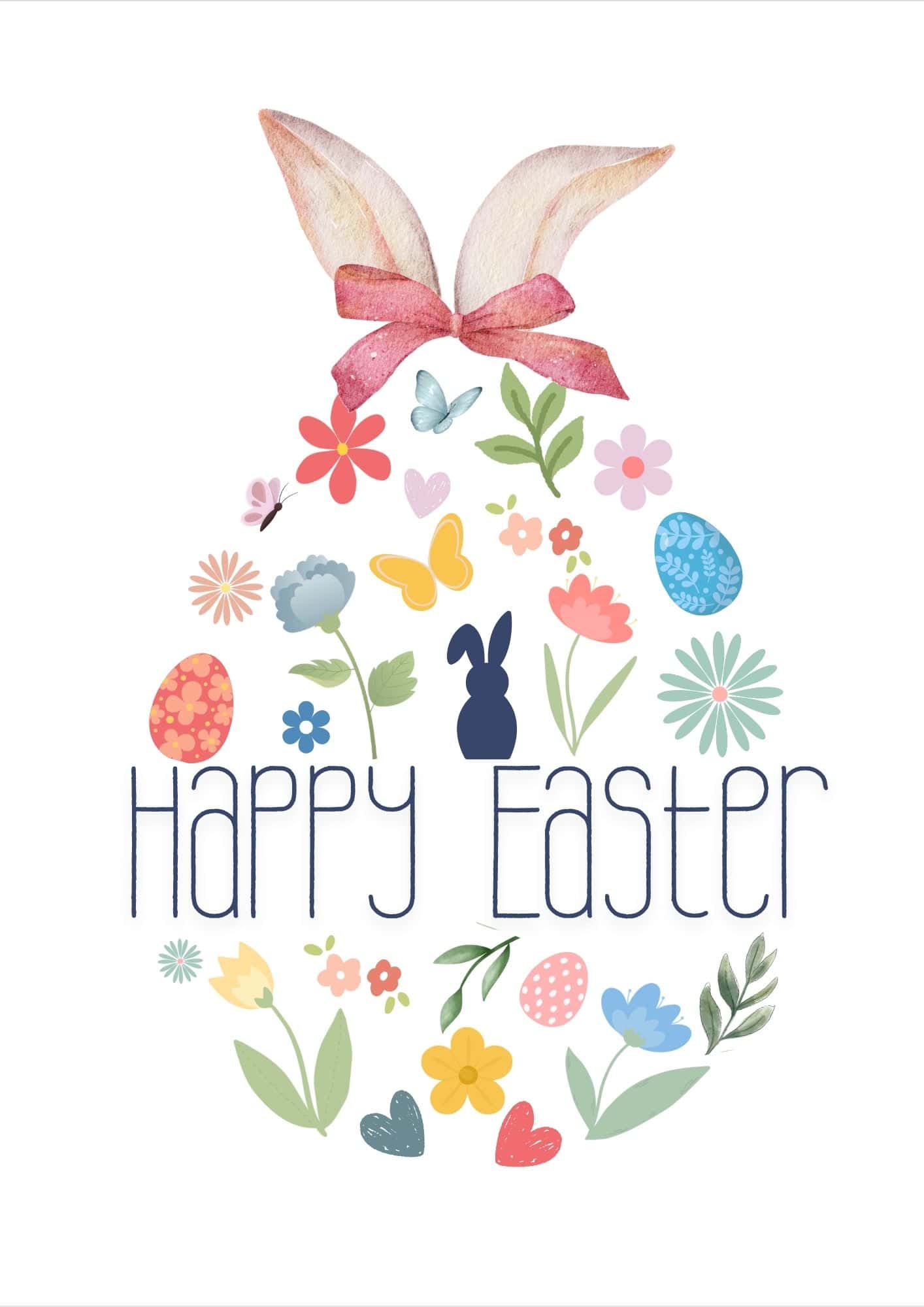 Easter card with floral and Easter themed motifs arranged into an egg shape and the message Happy Easter in the center.