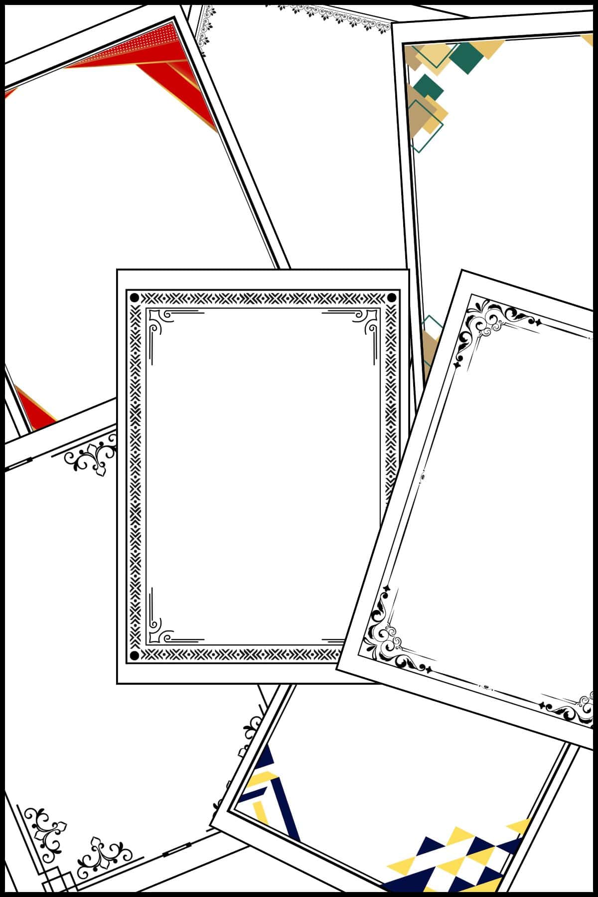 Printable certificate border templates overlapping on one another.