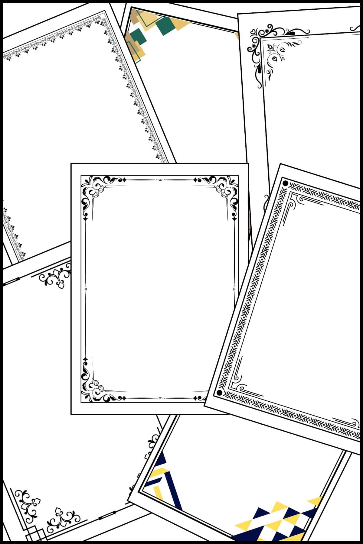 Printable certificate border templates overlapping on one another.