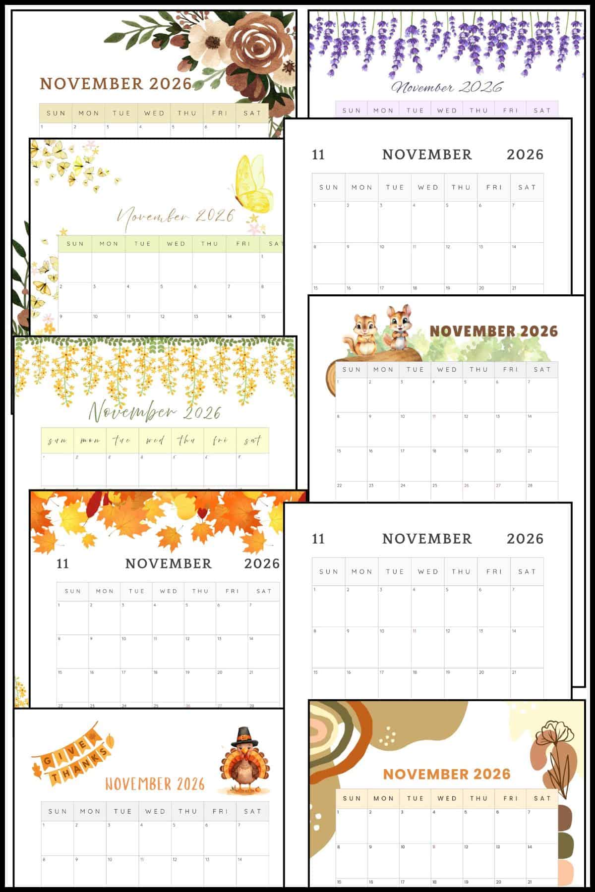 November 2026 calendar printable stacked on top of one another.