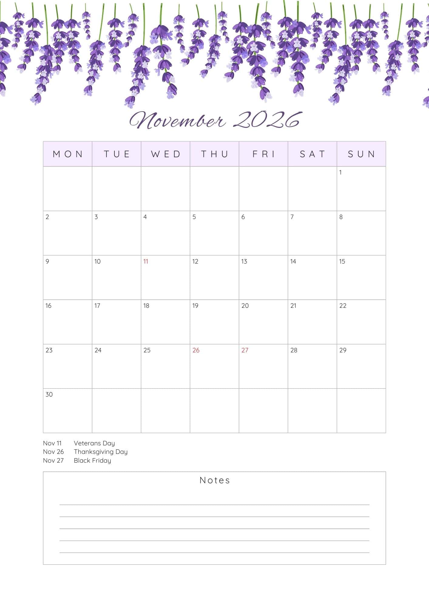 Purple floral 2026 November printable calendar.