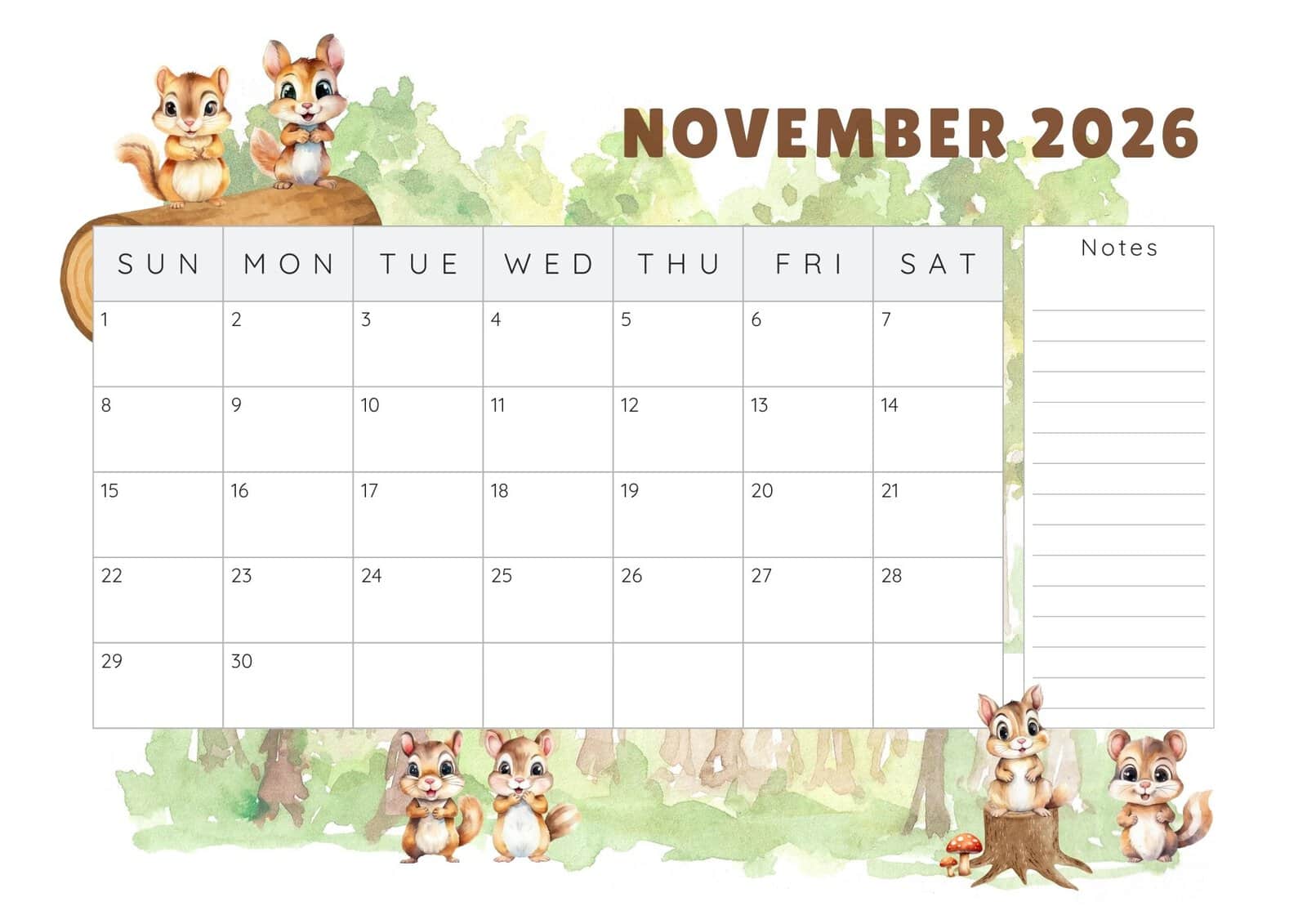 Cute squirrels 2026 November printable calendar.