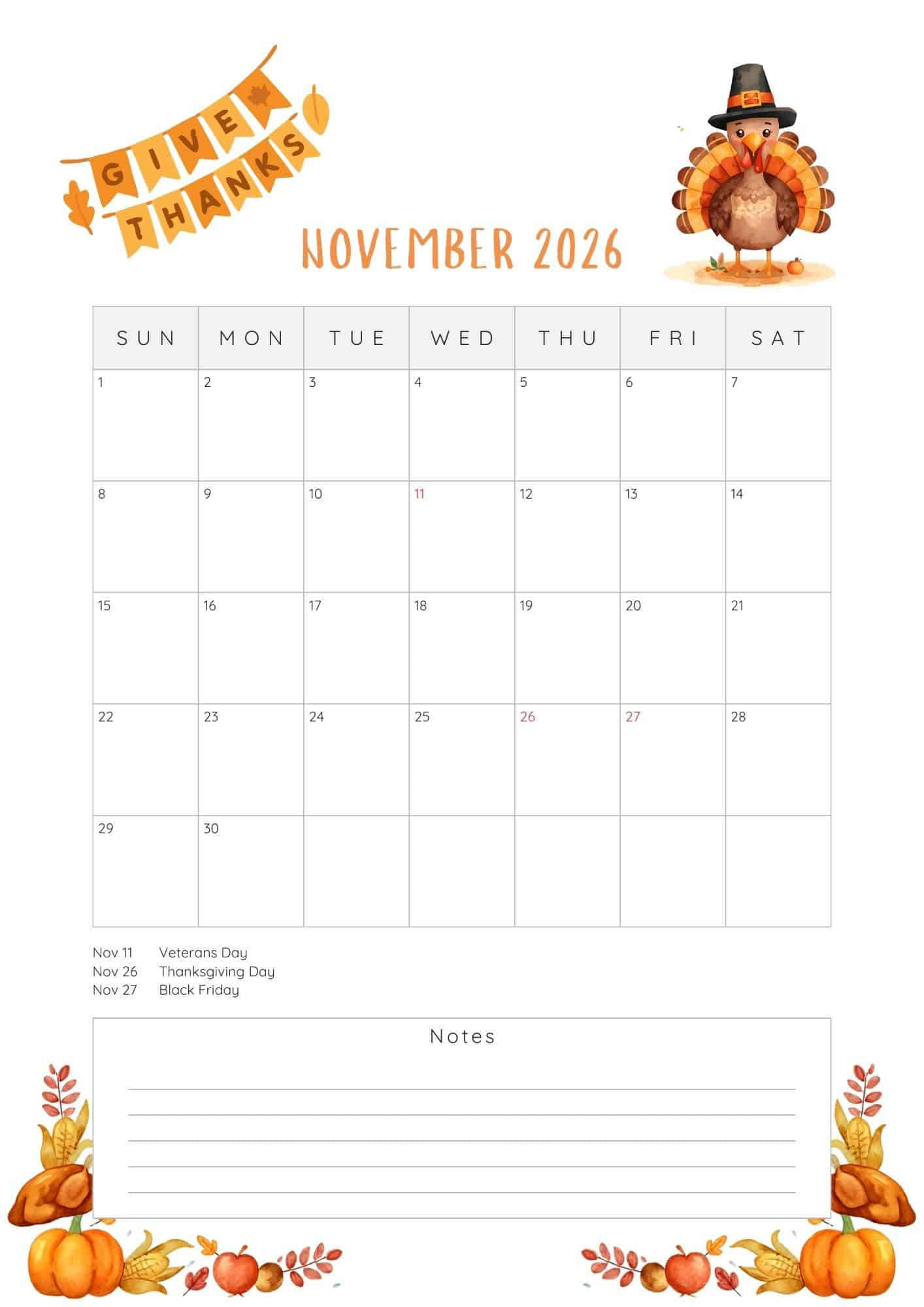 Thanksgiving 2026 November printable calendar.