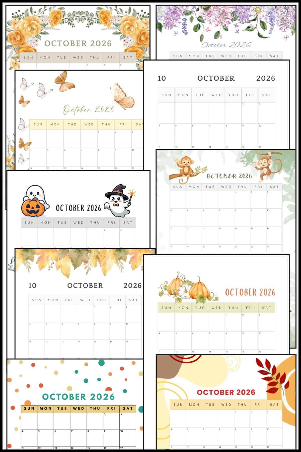 October 2026 calendar printable stacked on top of one another.