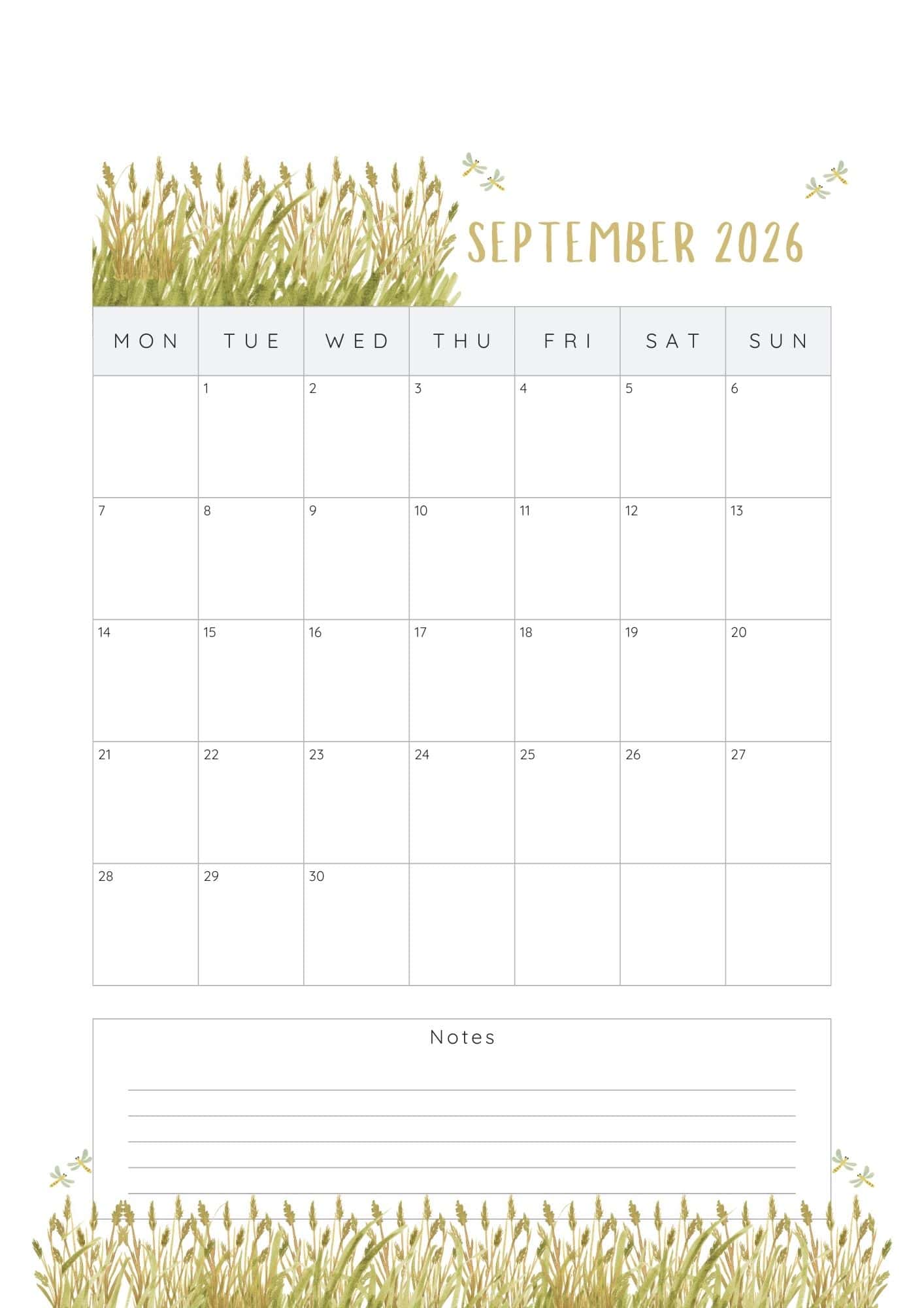 Grass and dragonflies September 2026 Printable Calendar.