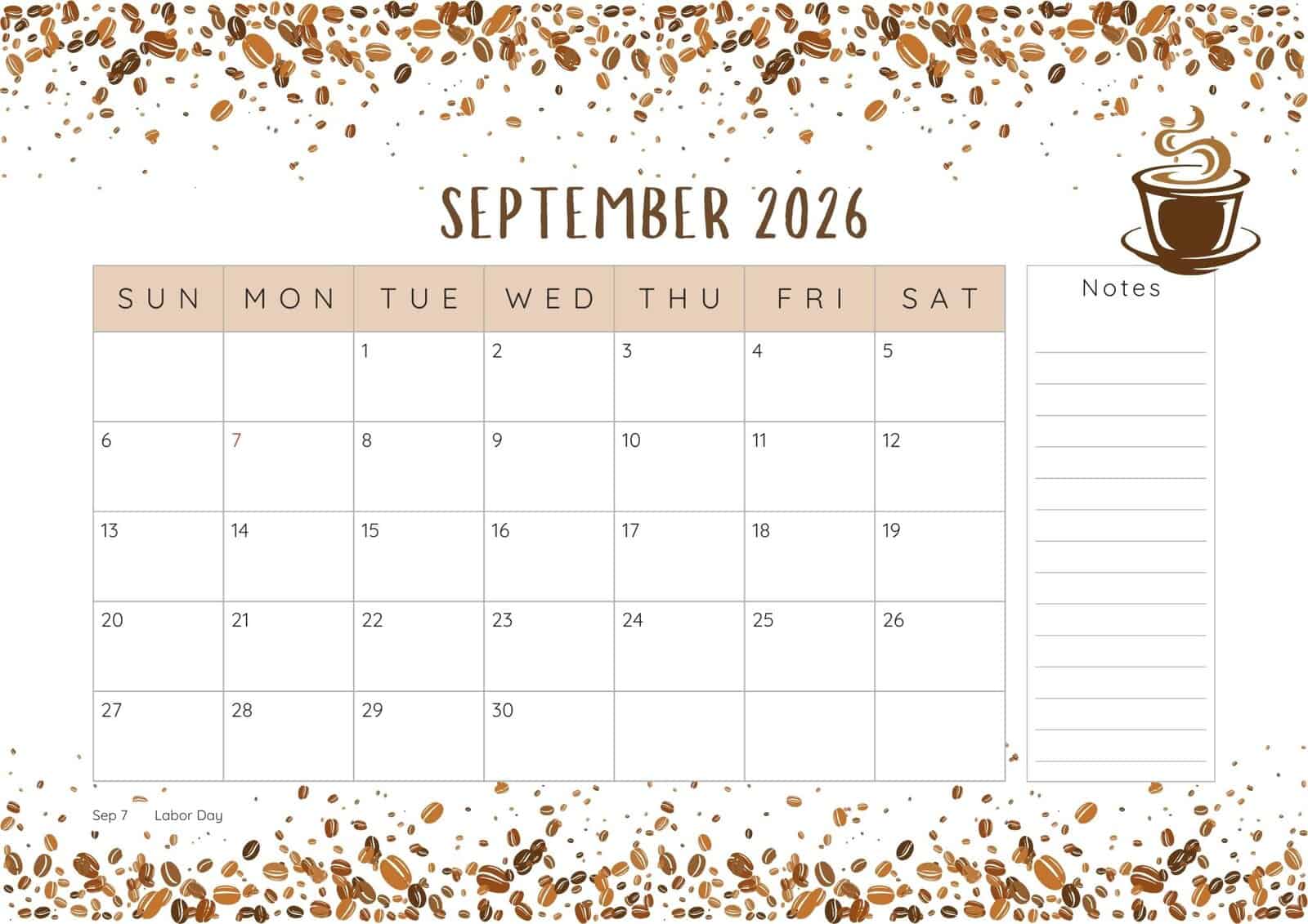 Coffee September 2026 Printable Calendar.